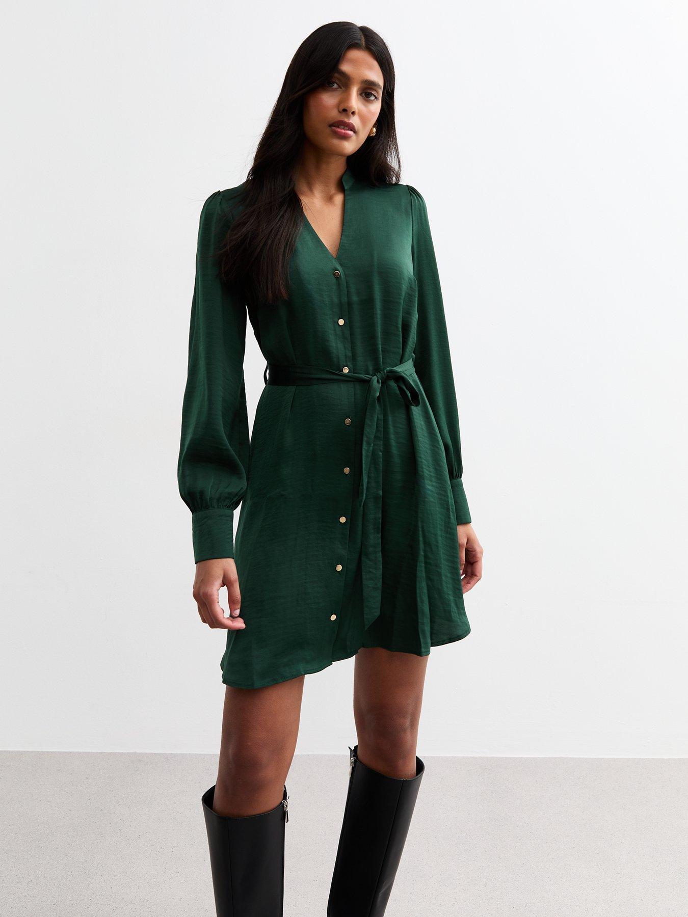 undefined Dark Green V-neck Satin Mini Dress