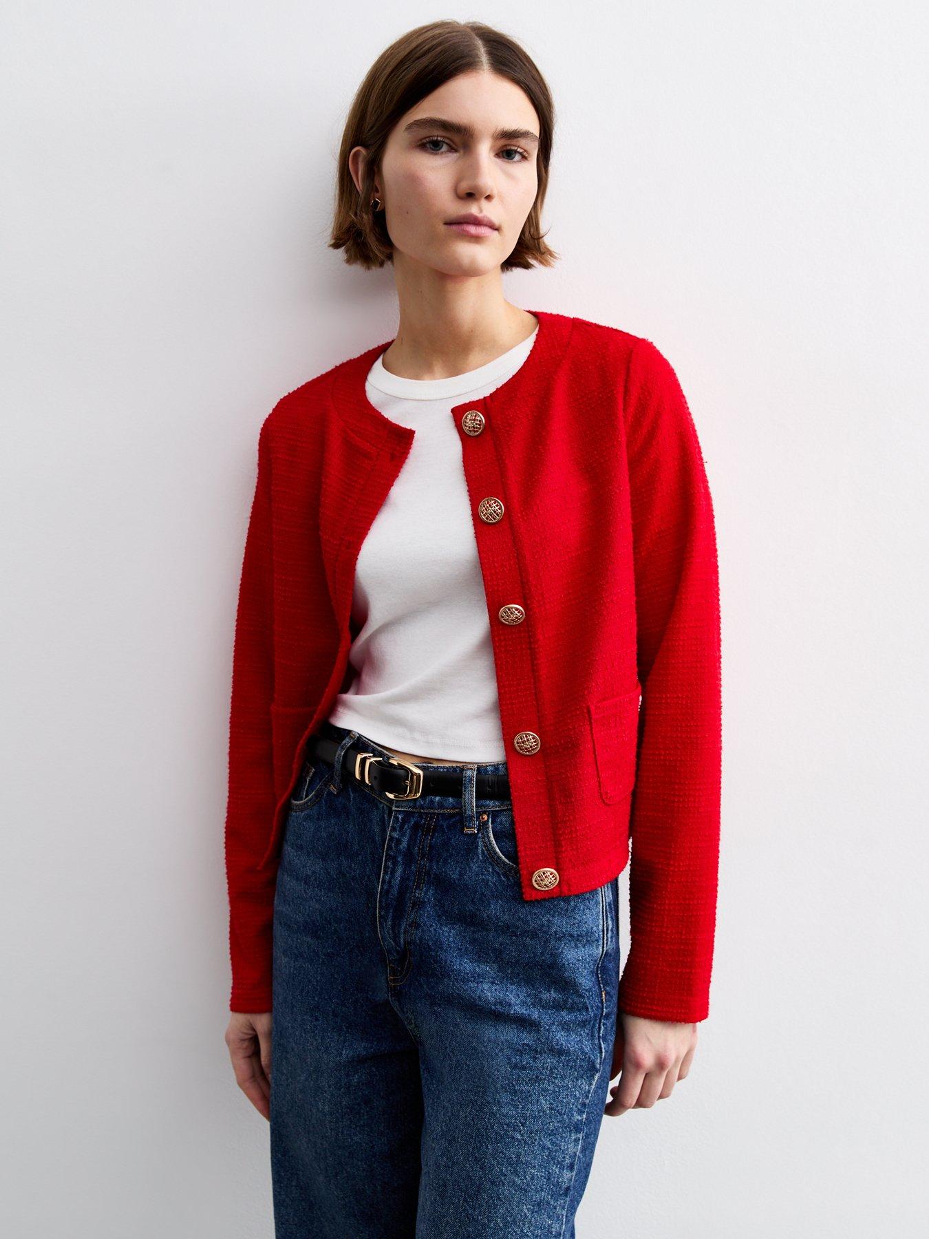 Image 1 of 5 of New Look Boucle Jersey Cardigan - Red