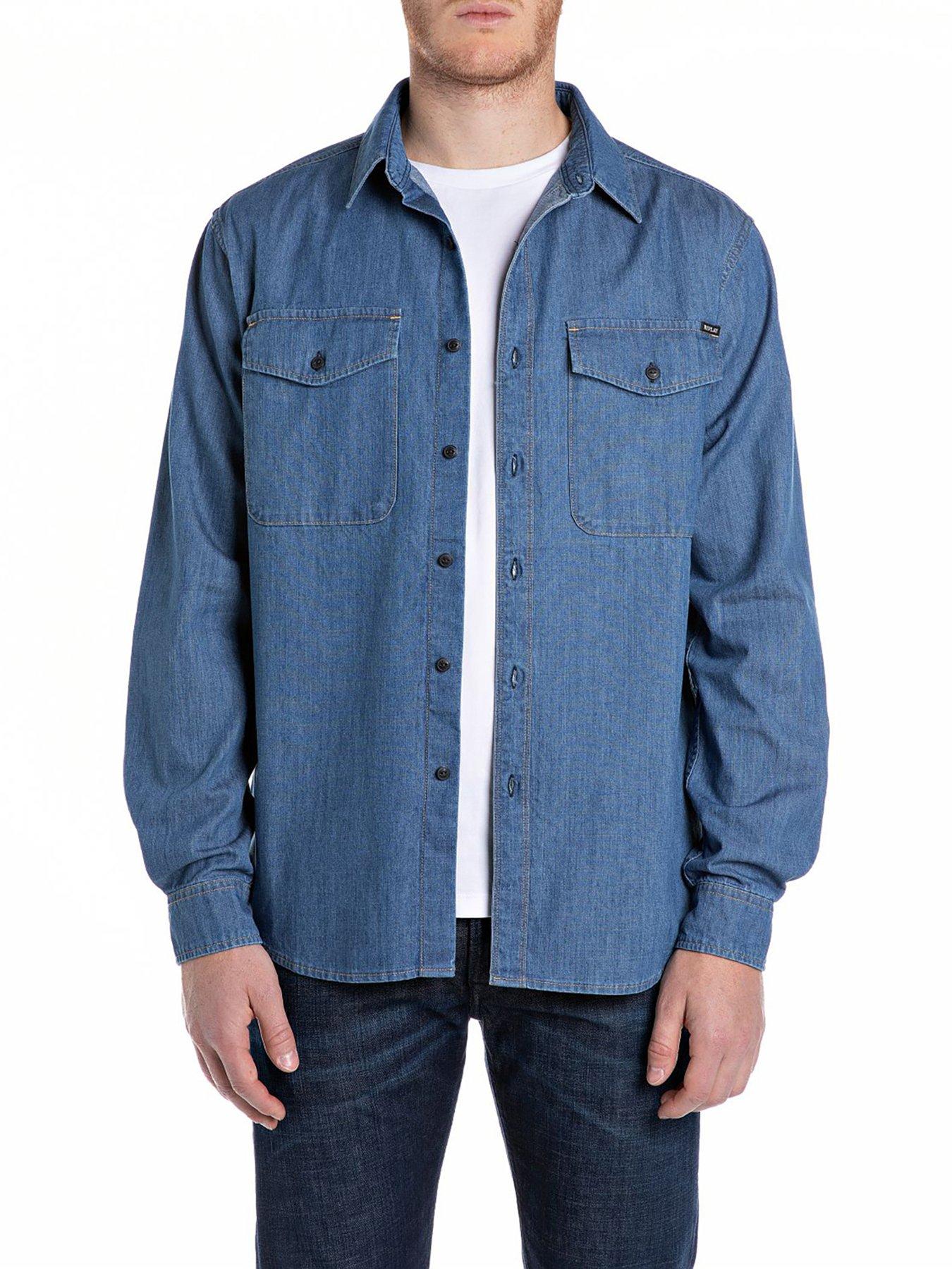 Image 1 of 2 of Replay Double Pocket Denim Shirt- Blue