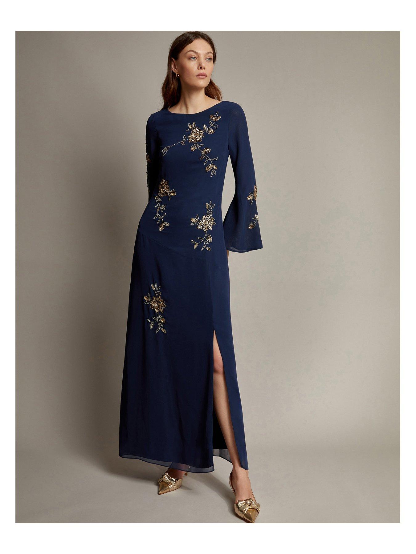 Monsoon Long Sleeve Dress Monsoon Grace Embroidered Mesh Sleeve Maxi Dress  Black In Brown