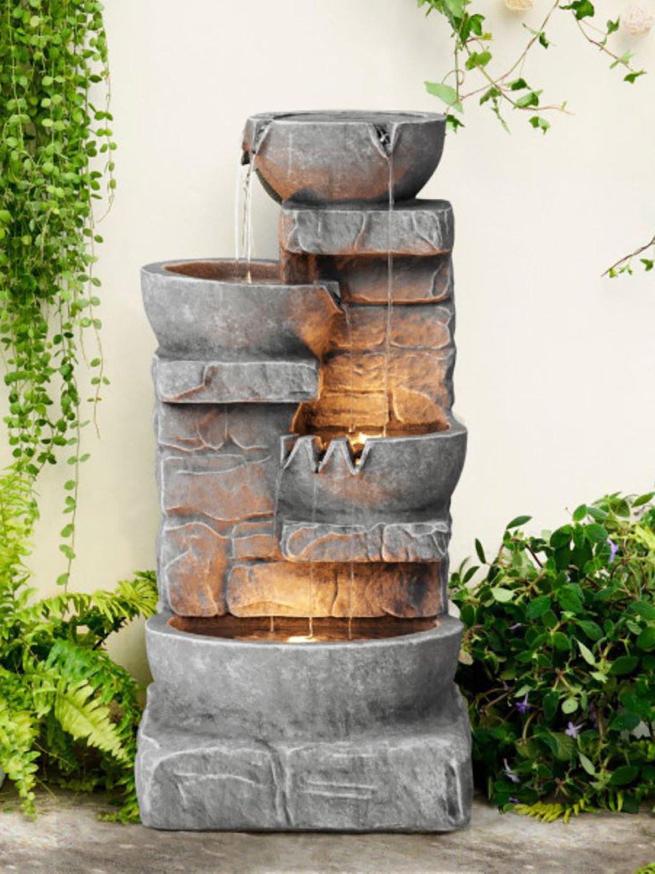 undefined Cascading Bowls and Stacked Stone Waterfall Fountain with LED Lights