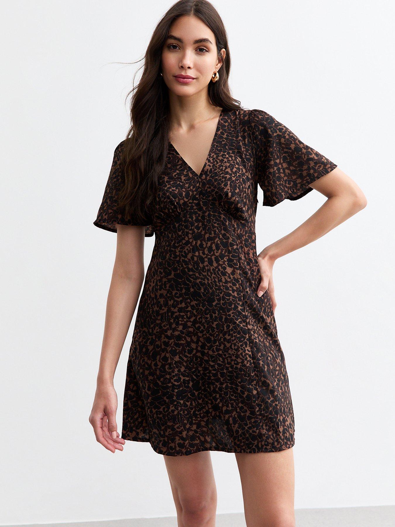 undefined Print Flutter Sleeve V-Neck Mini - Brown