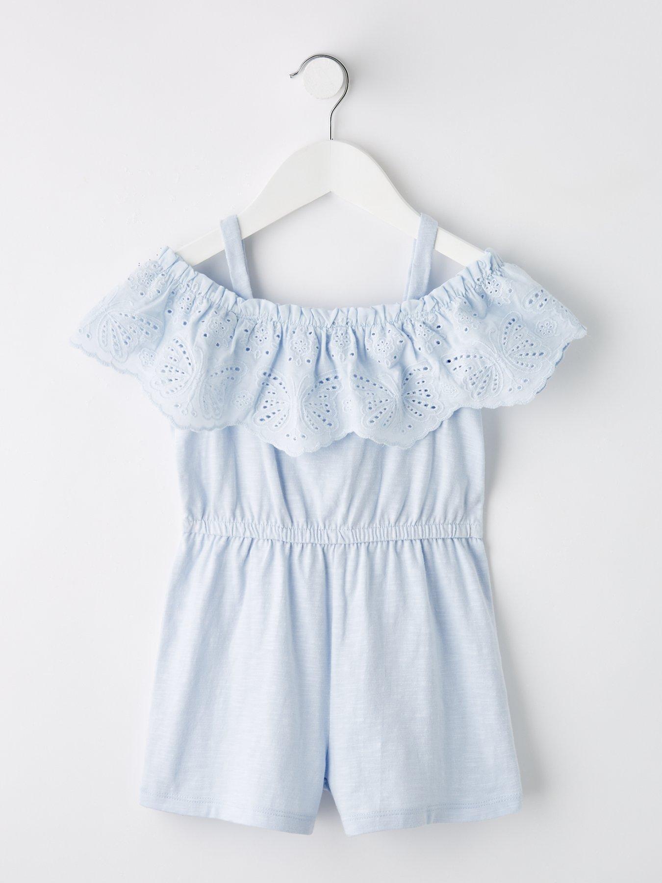 Image of Mini V by Very Girls Broderie Front Frill Playsuit - Blue