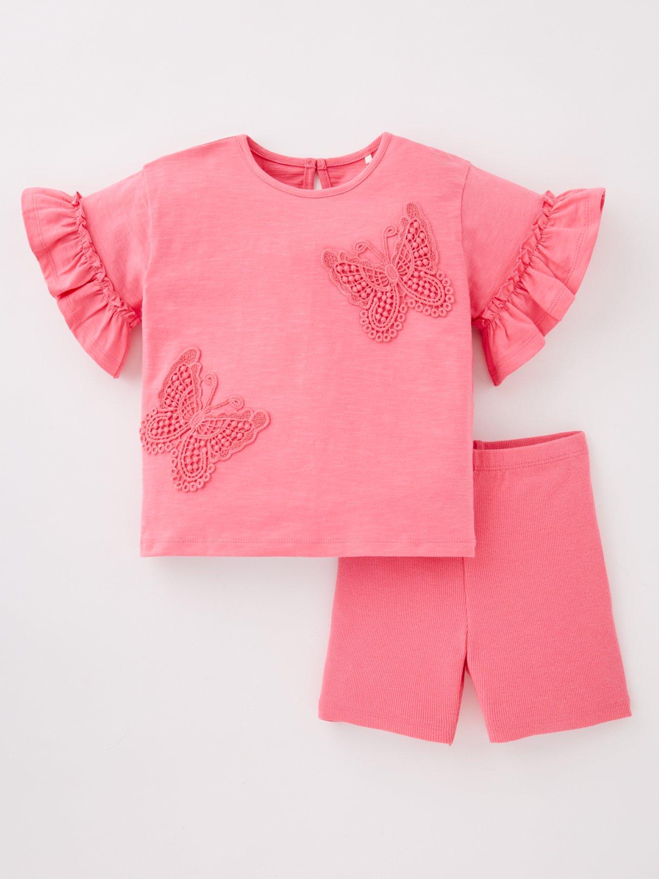 undefined Girls Crochet Butterfly Trim Frill T-Shirt And Short Set - Pink