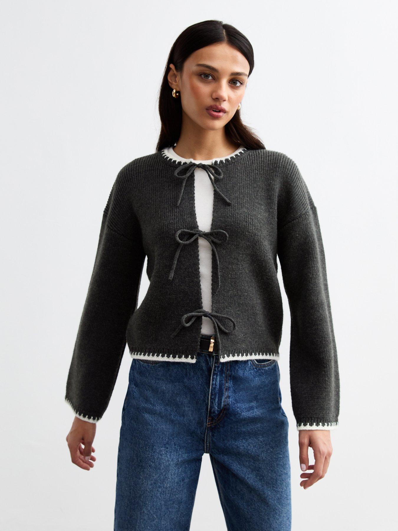 Image 1 of 4 of New Look Grey Tie Front Contrast Trim Cardigan