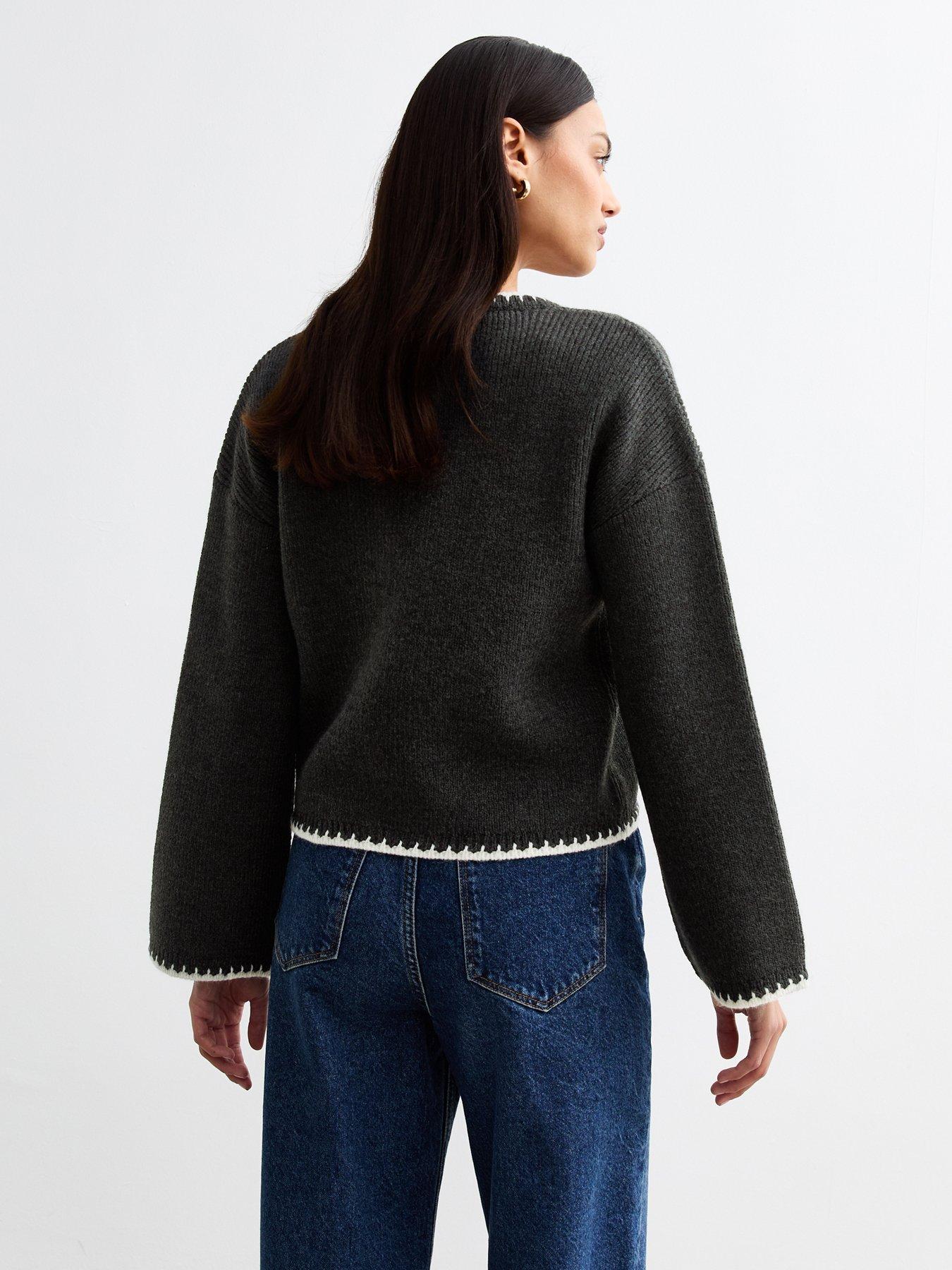 Image 2 of 4 of New Look Grey Tie Front Contrast Trim Cardigan