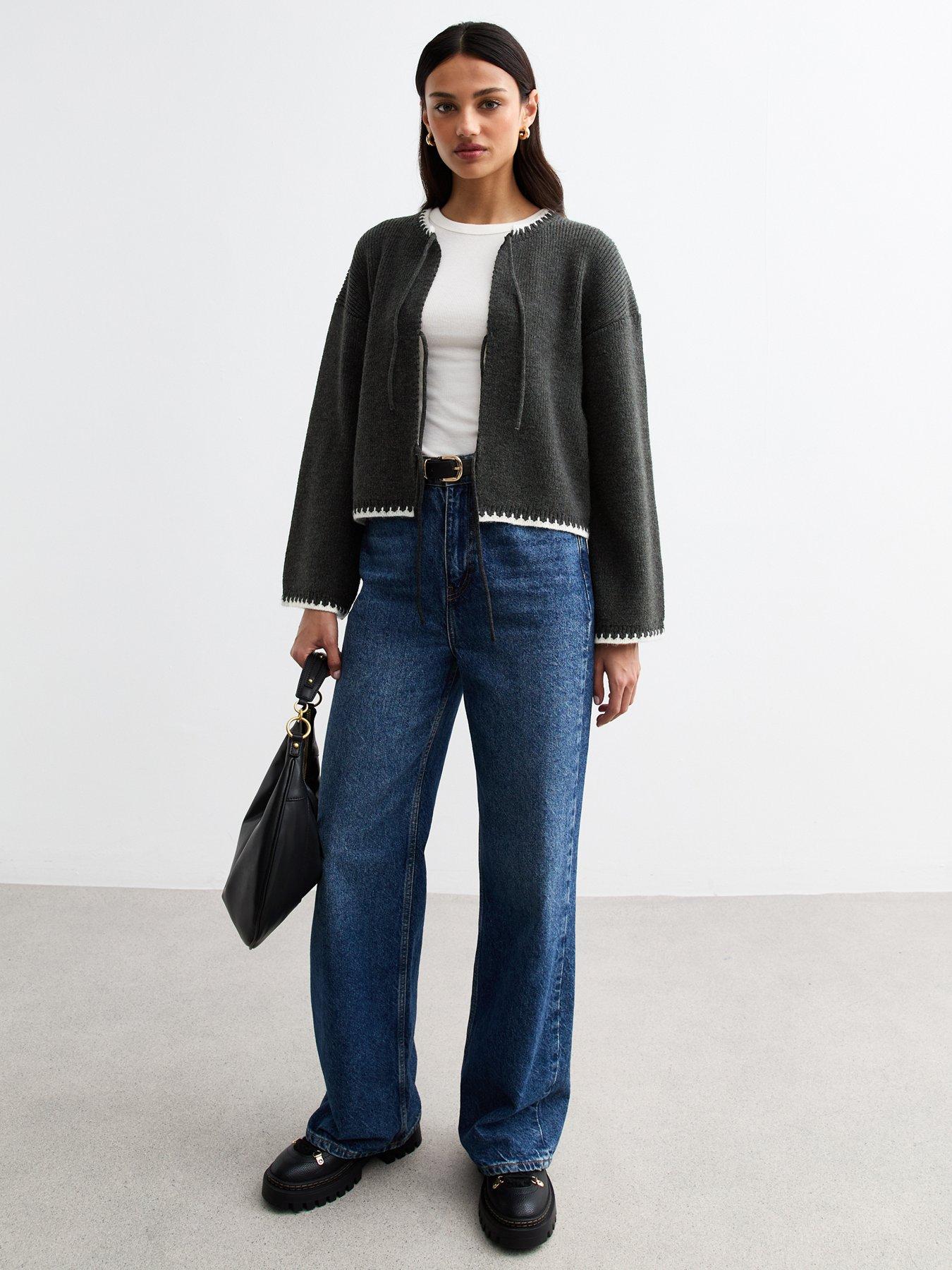 Image 3 of 4 of New Look Grey Tie Front Contrast Trim Cardigan