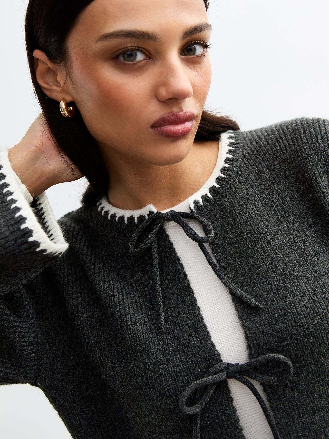 Image 4 of 4 of New Look Grey Tie Front Contrast Trim Cardigan