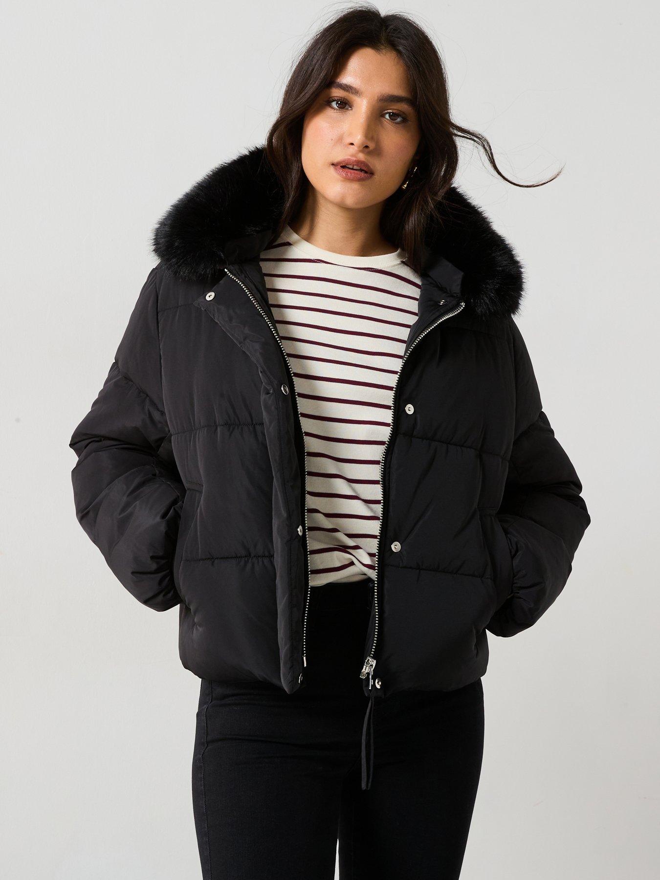 Image 1 of 6 of Mango Faux Fur Short Puffer Jacket - Black