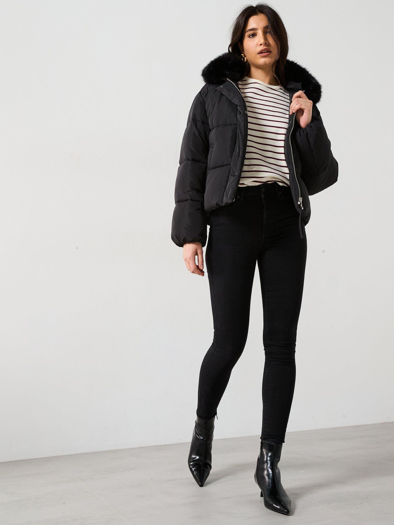 Image 3 of 6 of Mango Faux Fur Short Puffer Jacket - Black
