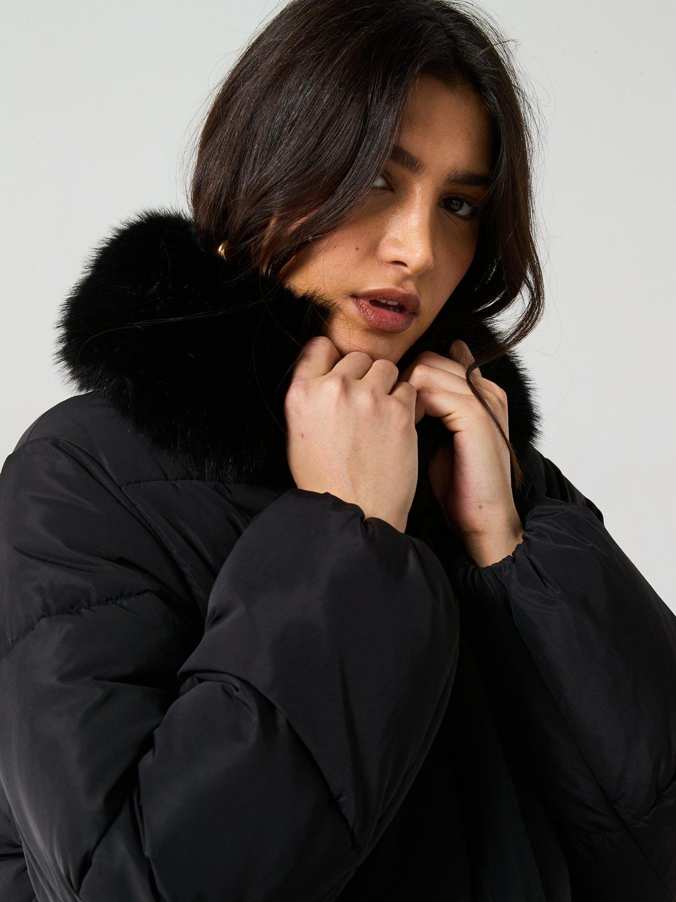 Image 4 of 6 of Mango Faux Fur Short Puffer Jacket - Black
