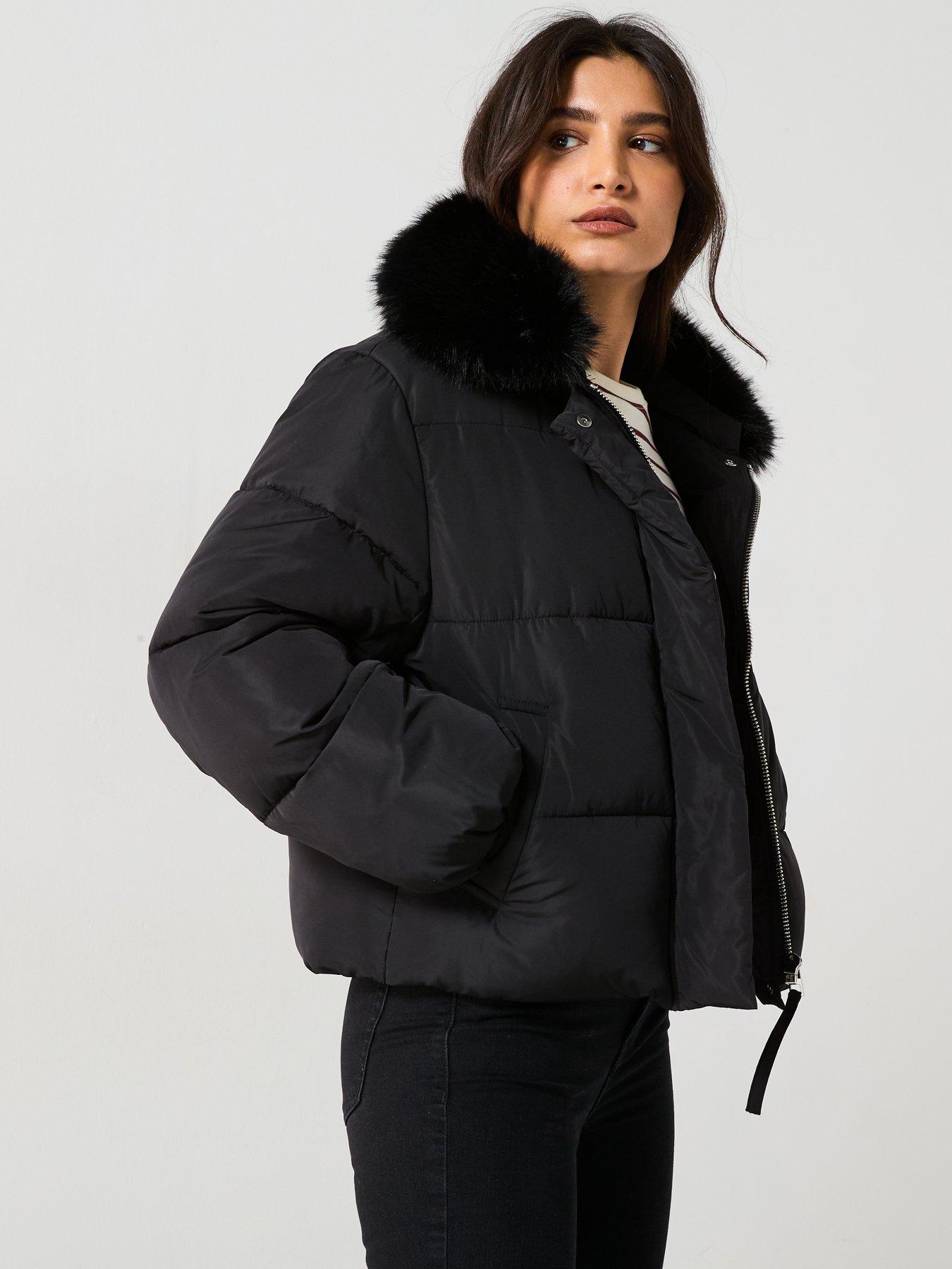 Image 6 of 6 of Mango Faux Fur Short Puffer Jacket - Black