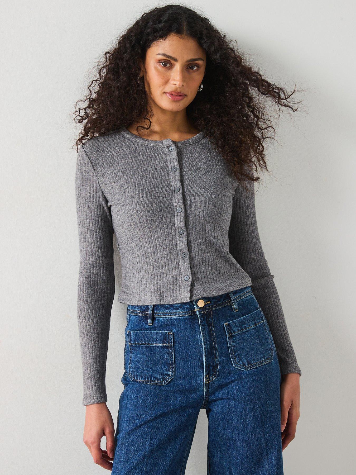 undefined Ribbed Fitted Cardigan - Grey