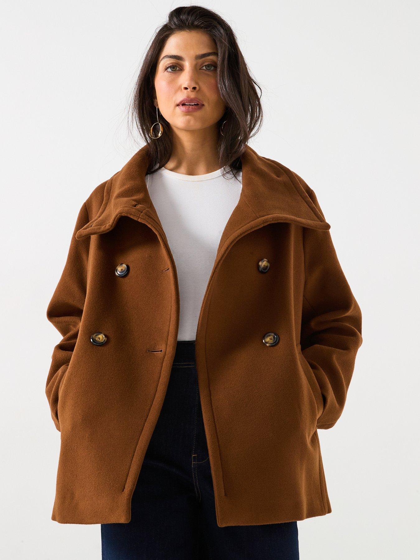 Image 1 of 6 of Mango Double-Breasted Wool Coat- Brown