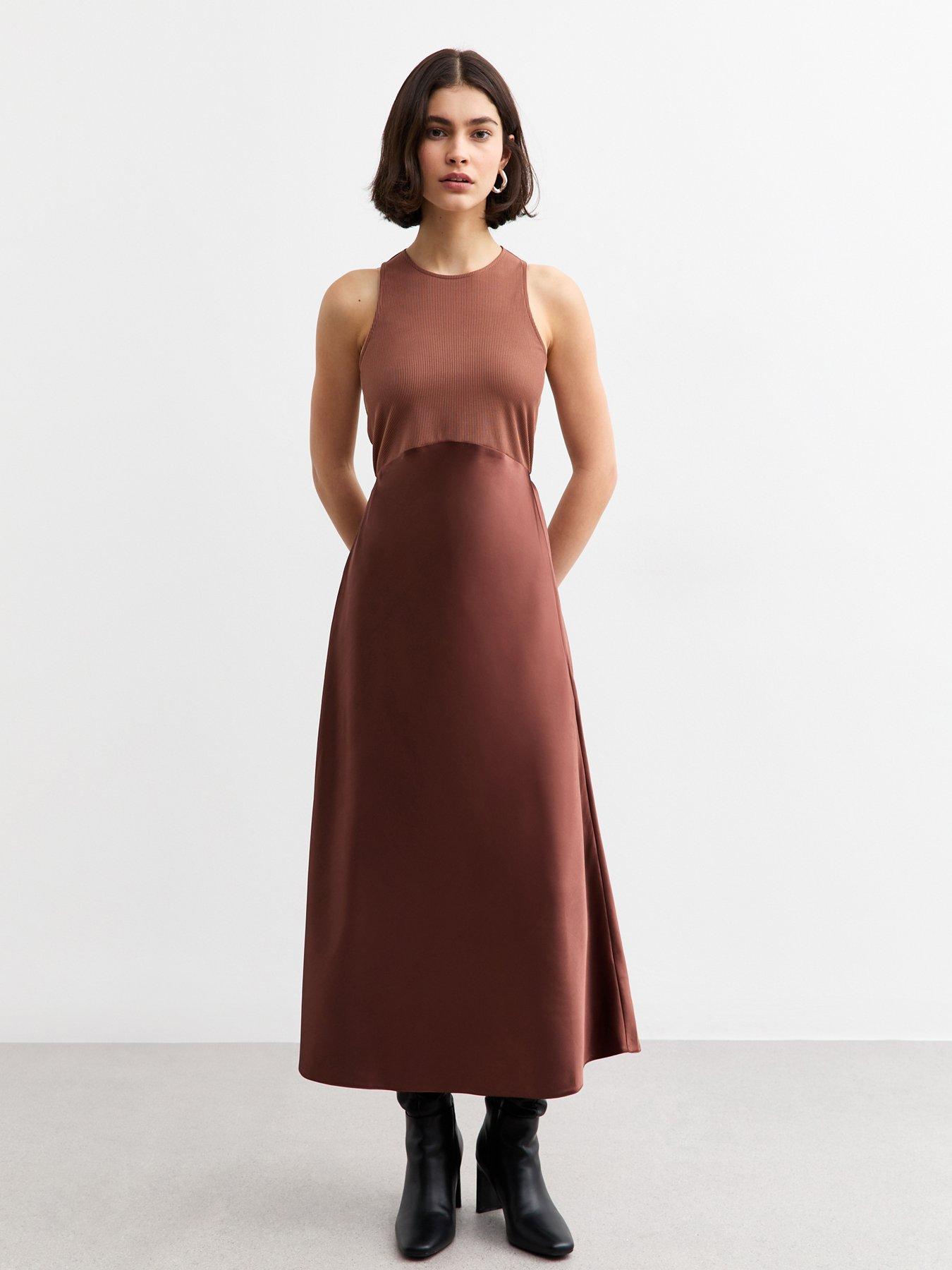 undefined Brown Satin Skirt Midi Dress
