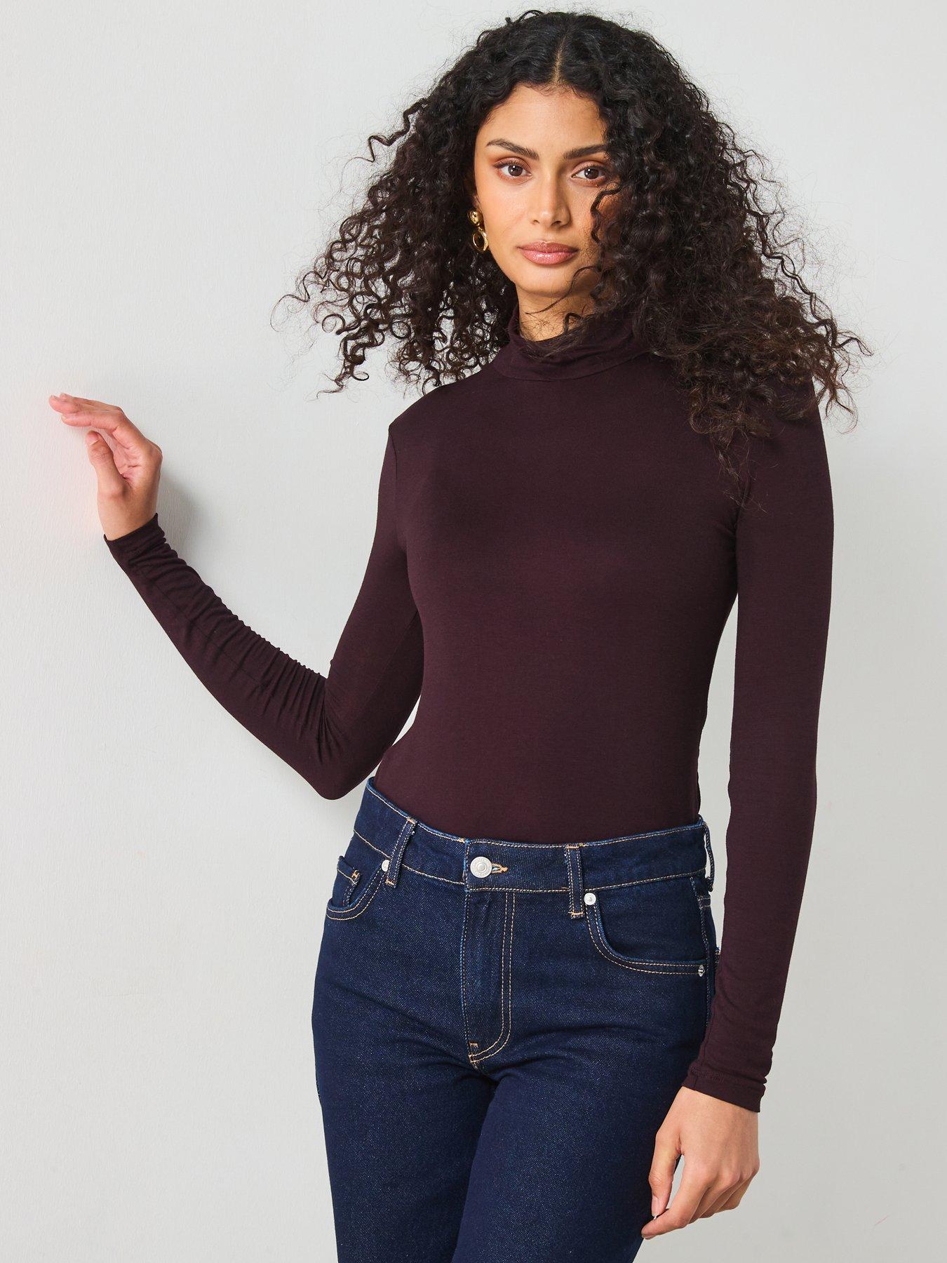 undefined High Neck Jersey Top - Burgundy
