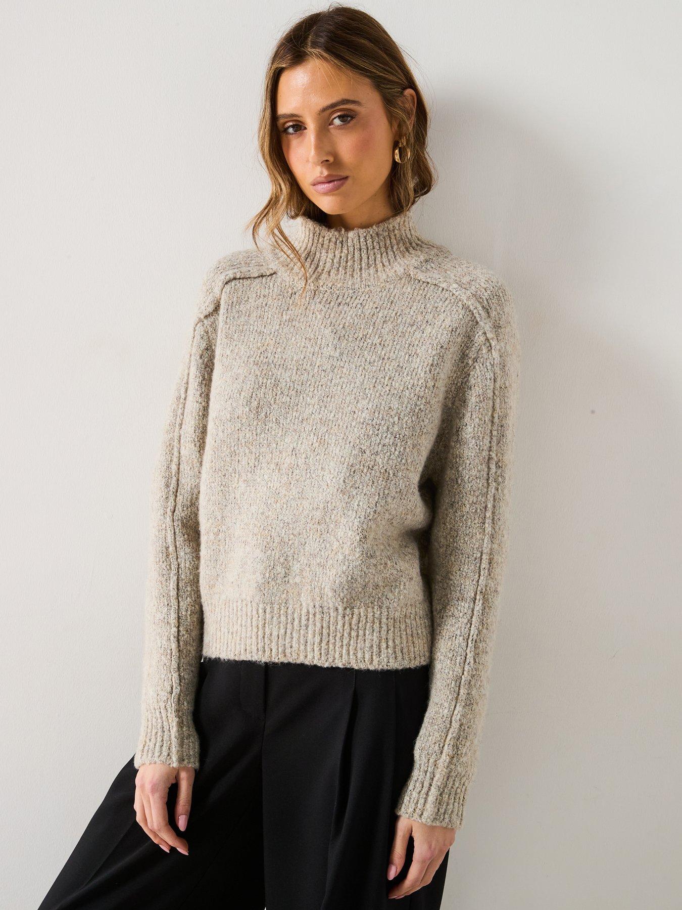 undefined Knitted High Neck Jumper - Beige