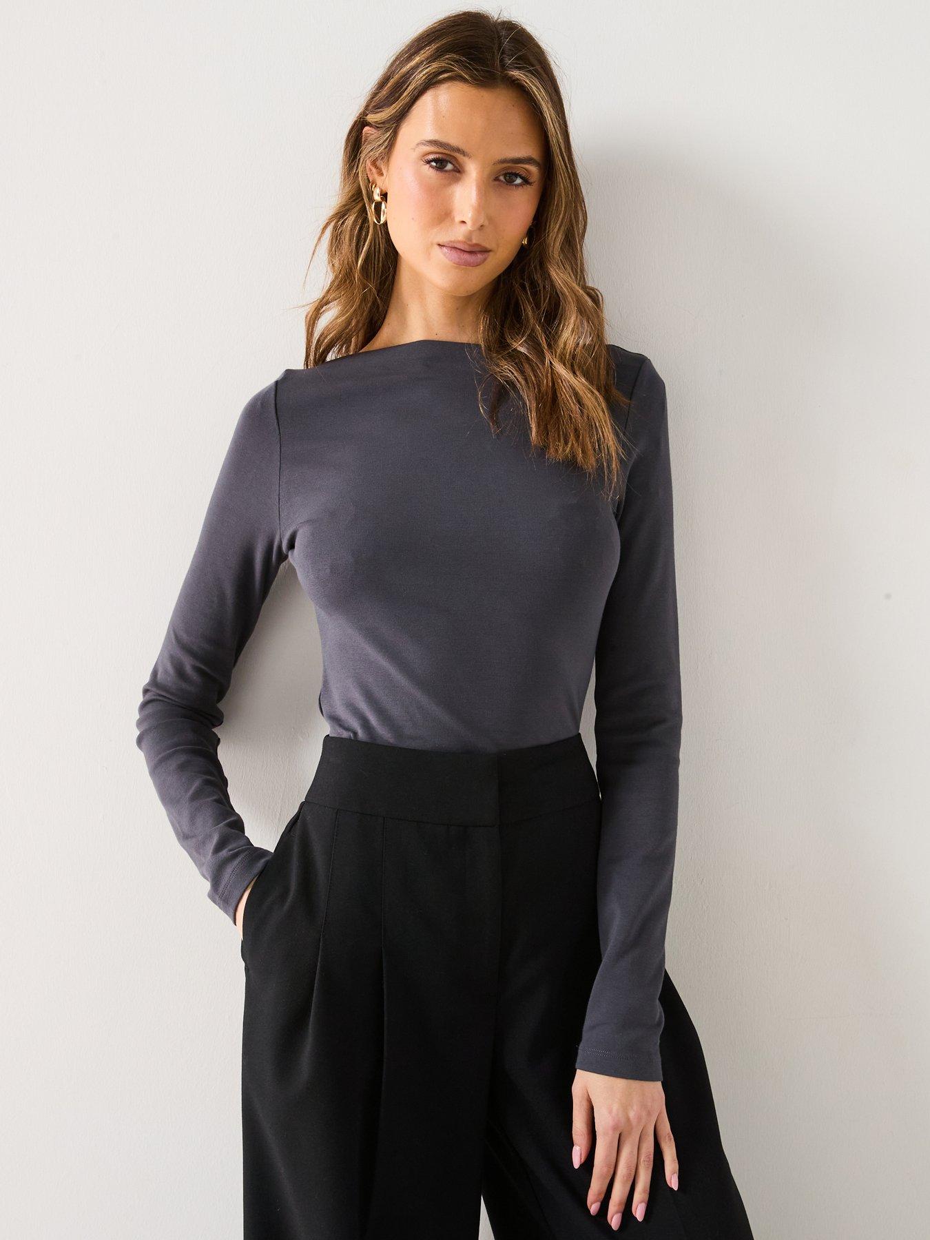 undefined Long Sleeve Slash Neck Top - Dark Grey