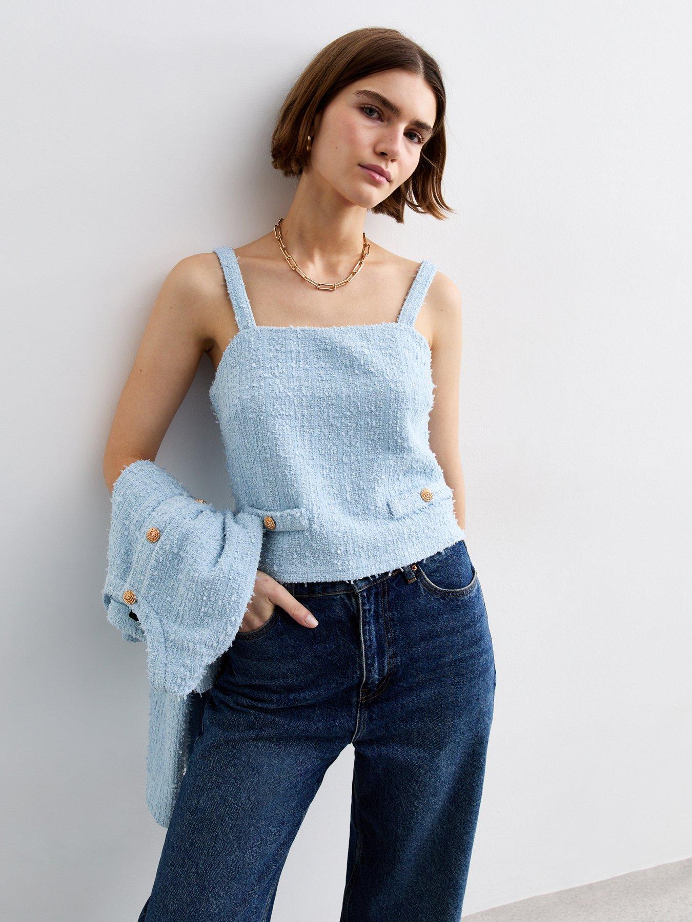 undefined Pale Textured Button Detail Cropped Vest - Blue