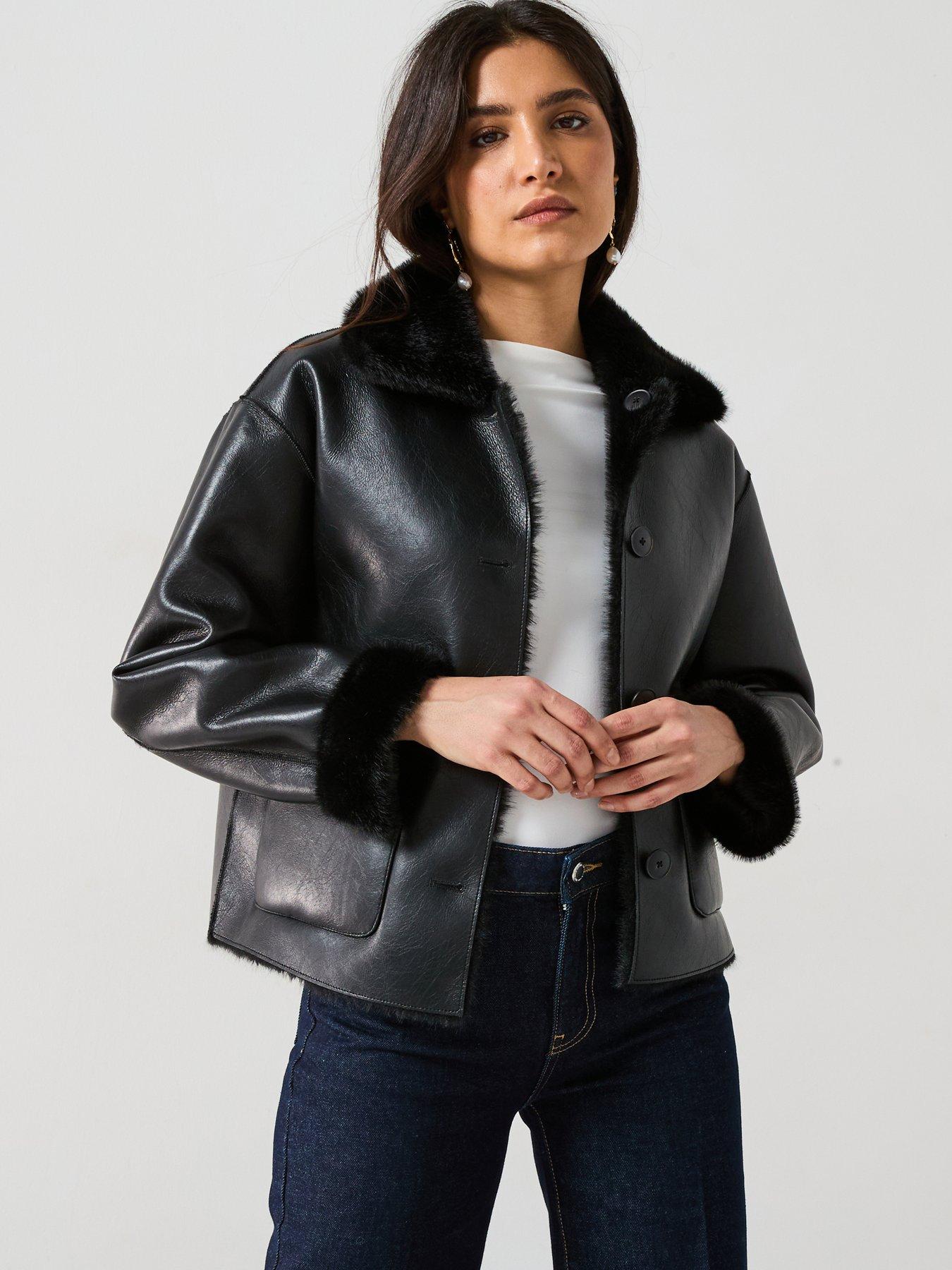 Image 1 of 6 of Mango Faux Fur Details Pu Aviator Jacket - Black