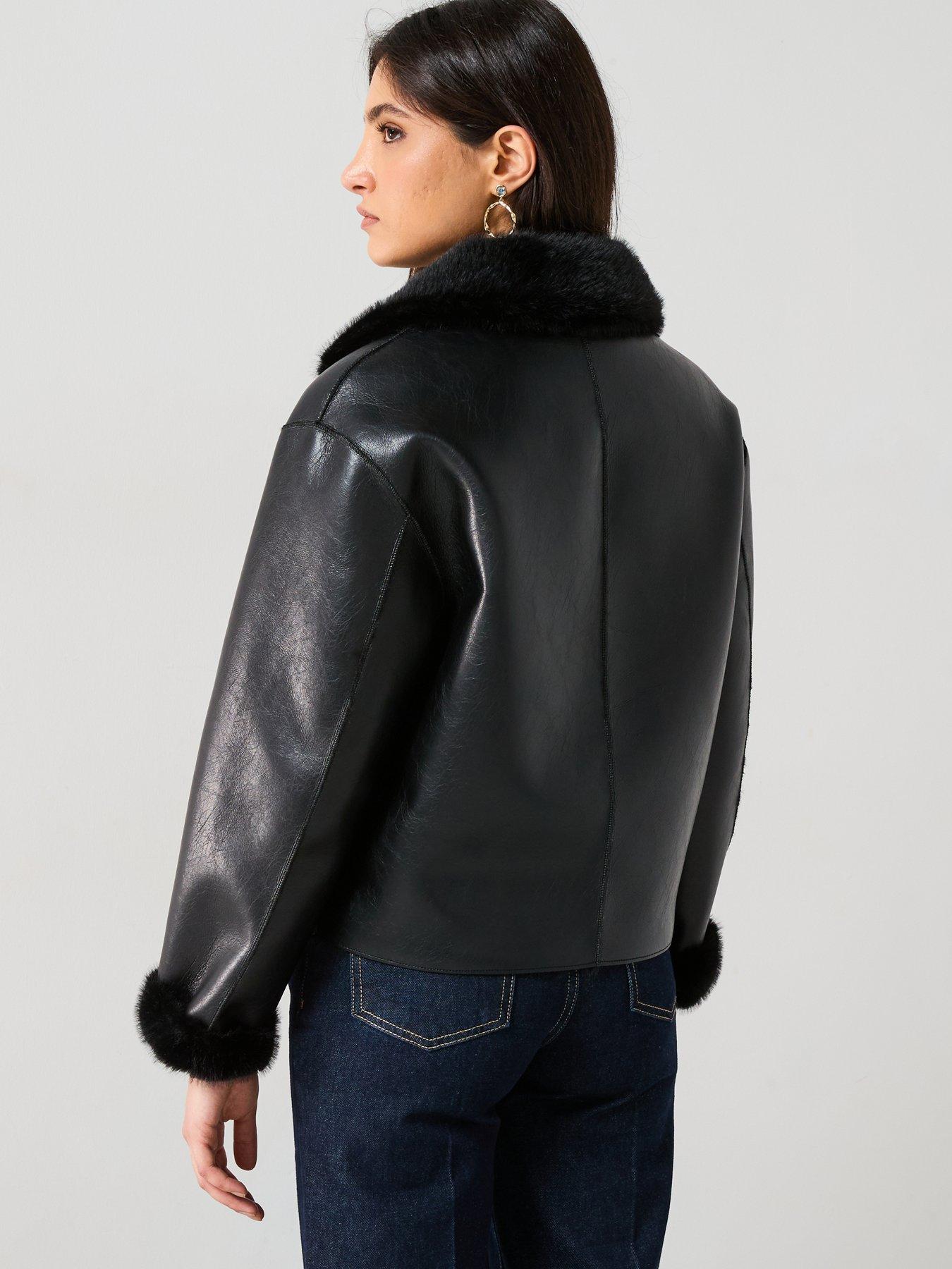 Image 2 of 6 of Mango Faux Fur Details Pu Aviator Jacket - Black