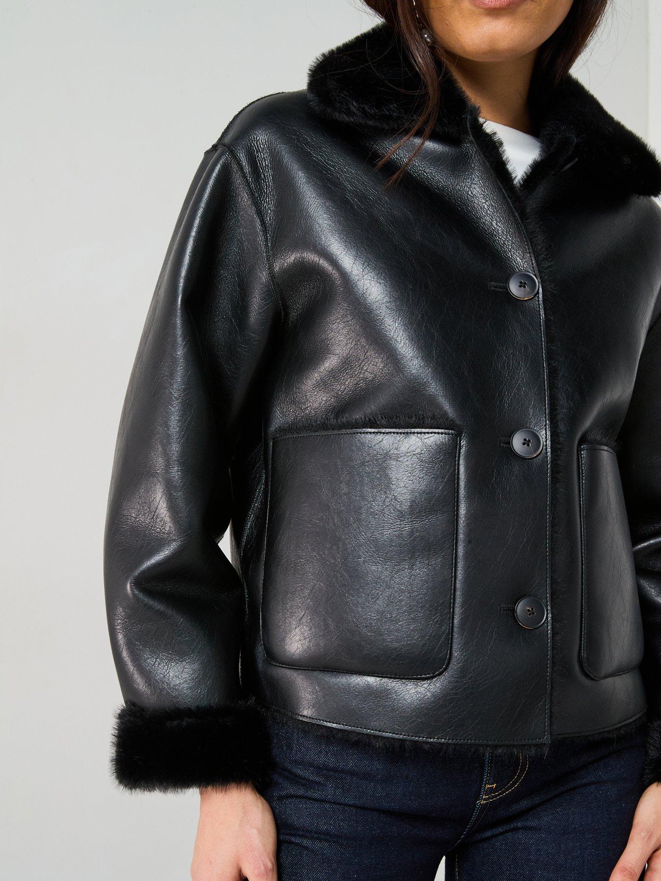 Image 4 of 6 of Mango Faux Fur Details Pu Aviator Jacket - Black
