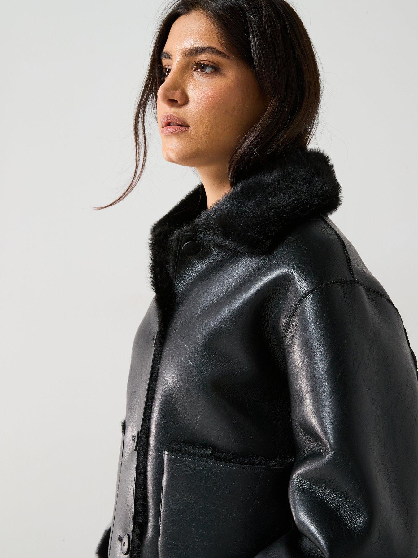 Image 5 of 6 of Mango Faux Fur Details Pu Aviator Jacket - Black