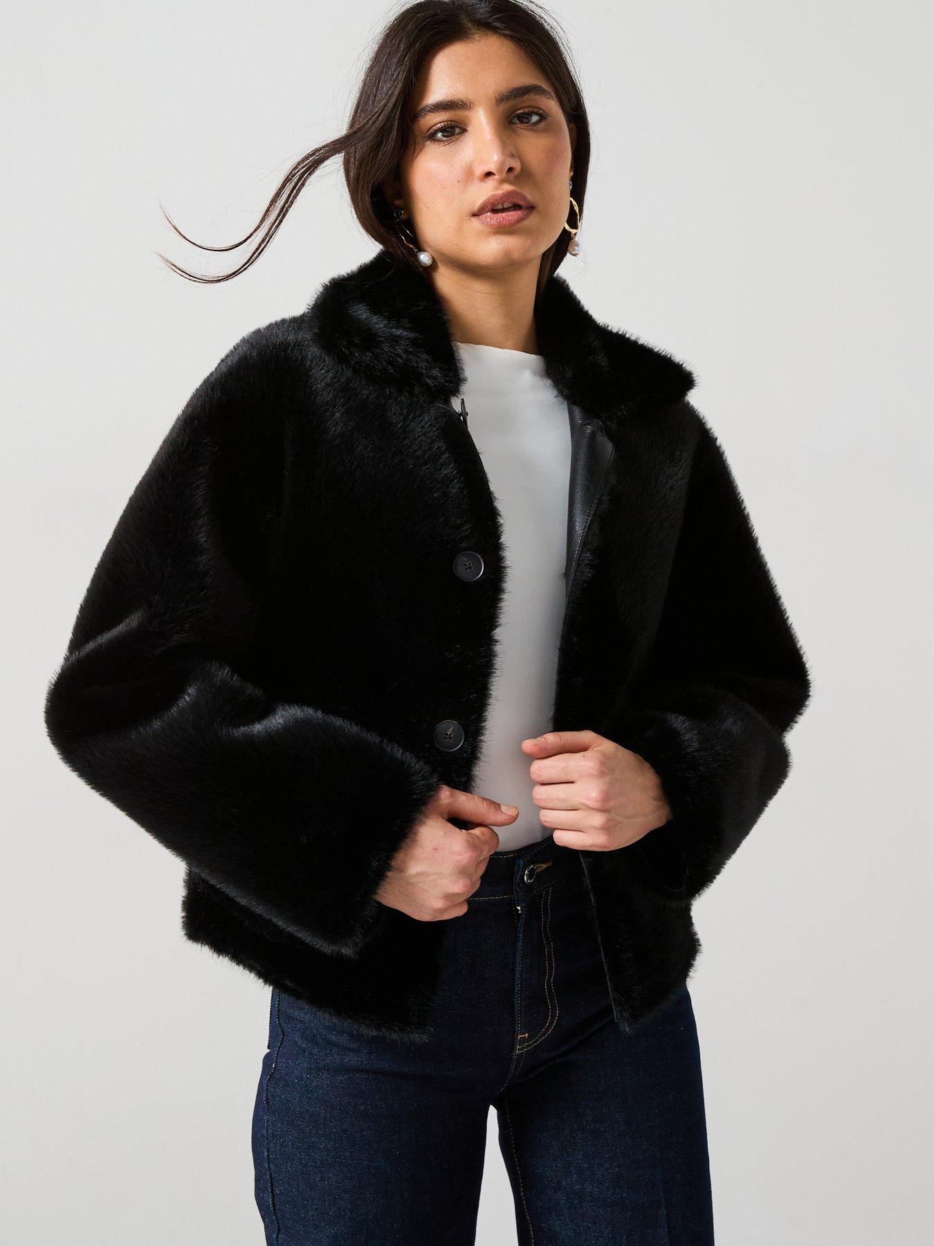 Image 6 of 6 of Mango Faux Fur Details Pu Aviator Jacket - Black