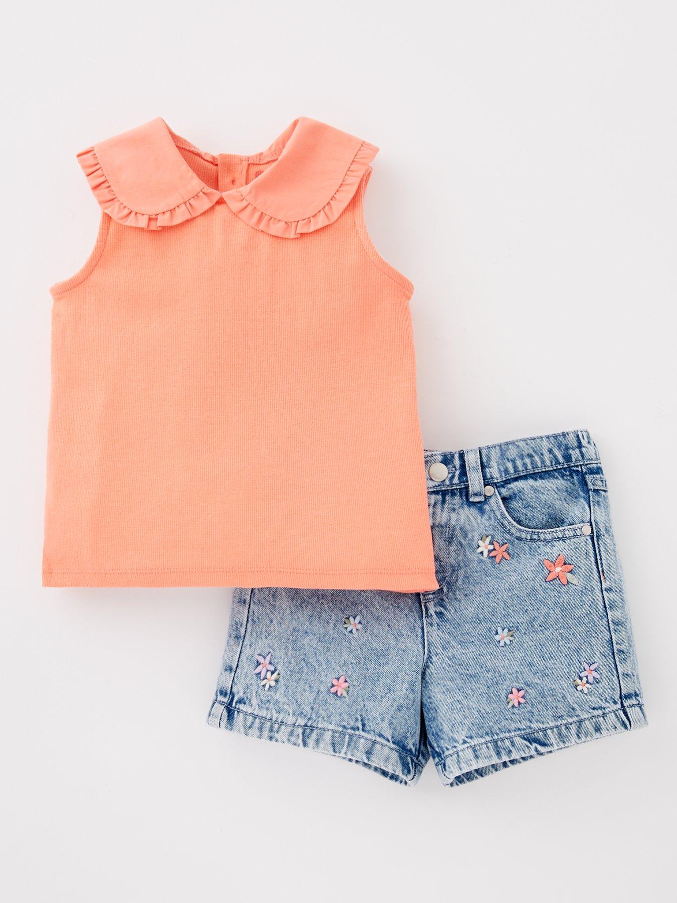 undefined Girls Embroidered Shorts and Frill Collar Top - Orange