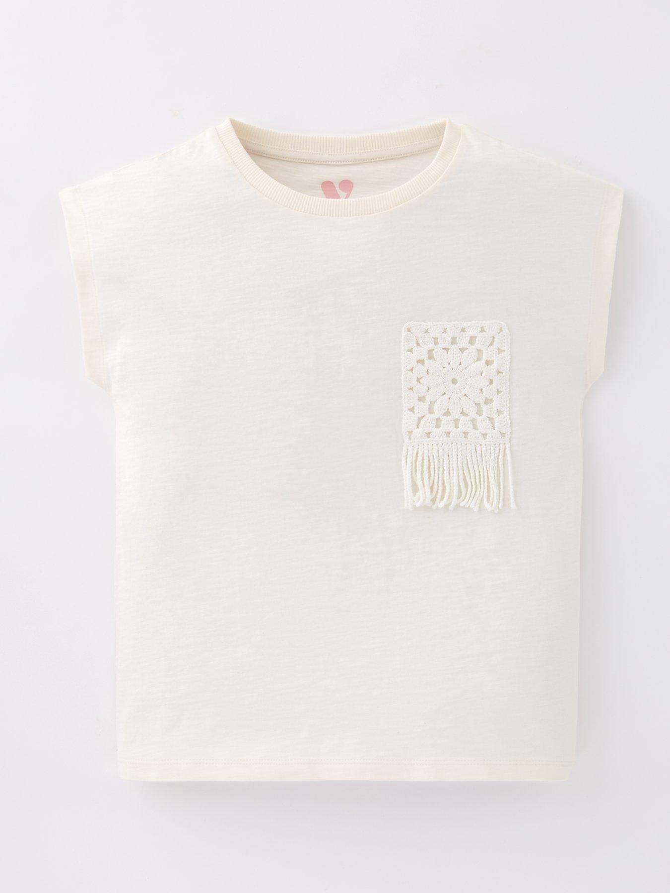 undefined Girls Crochet Trim Pocket T-Shirt - Cream