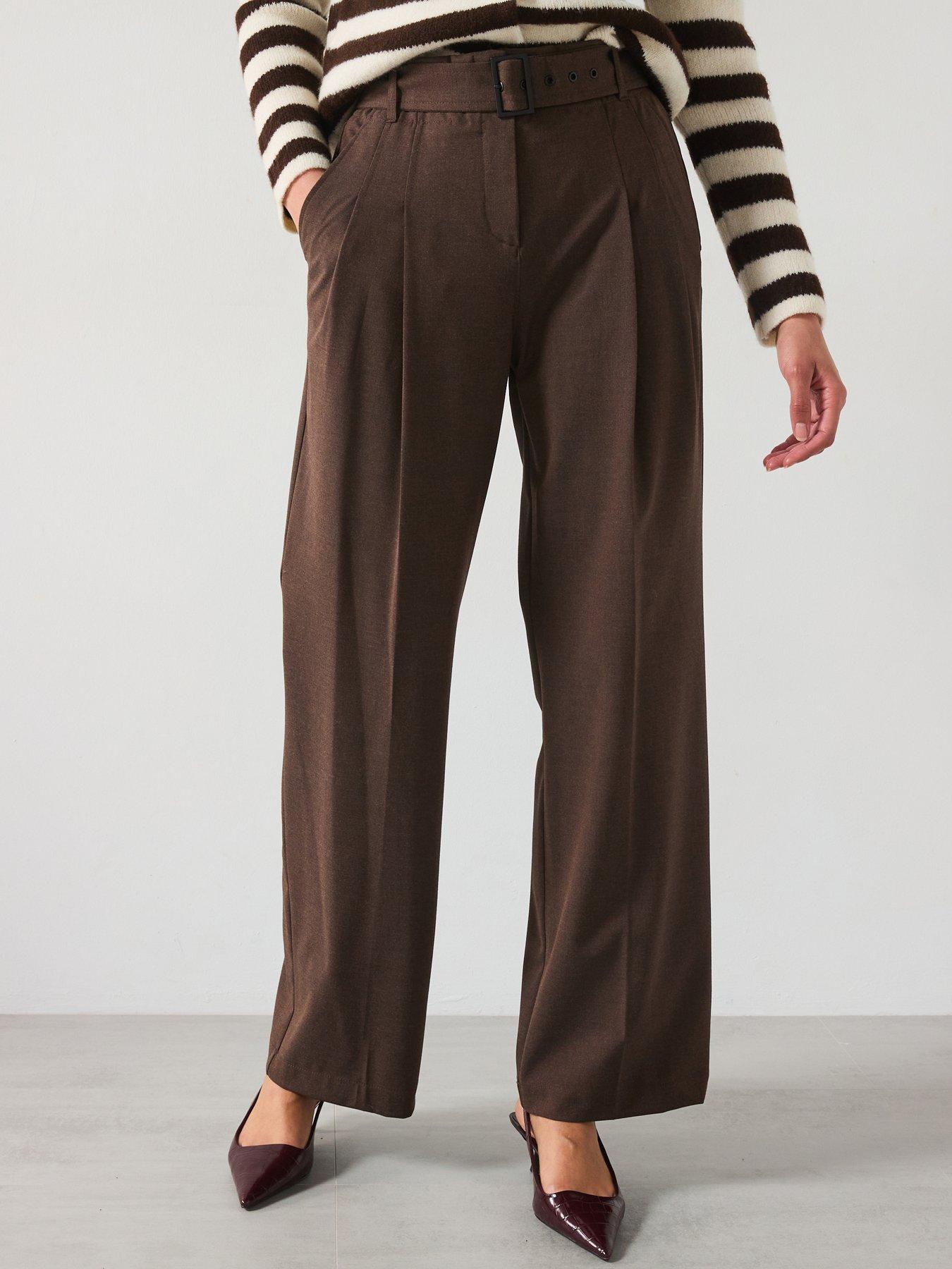 undefined Belted Wide Leg Trousers - Brown