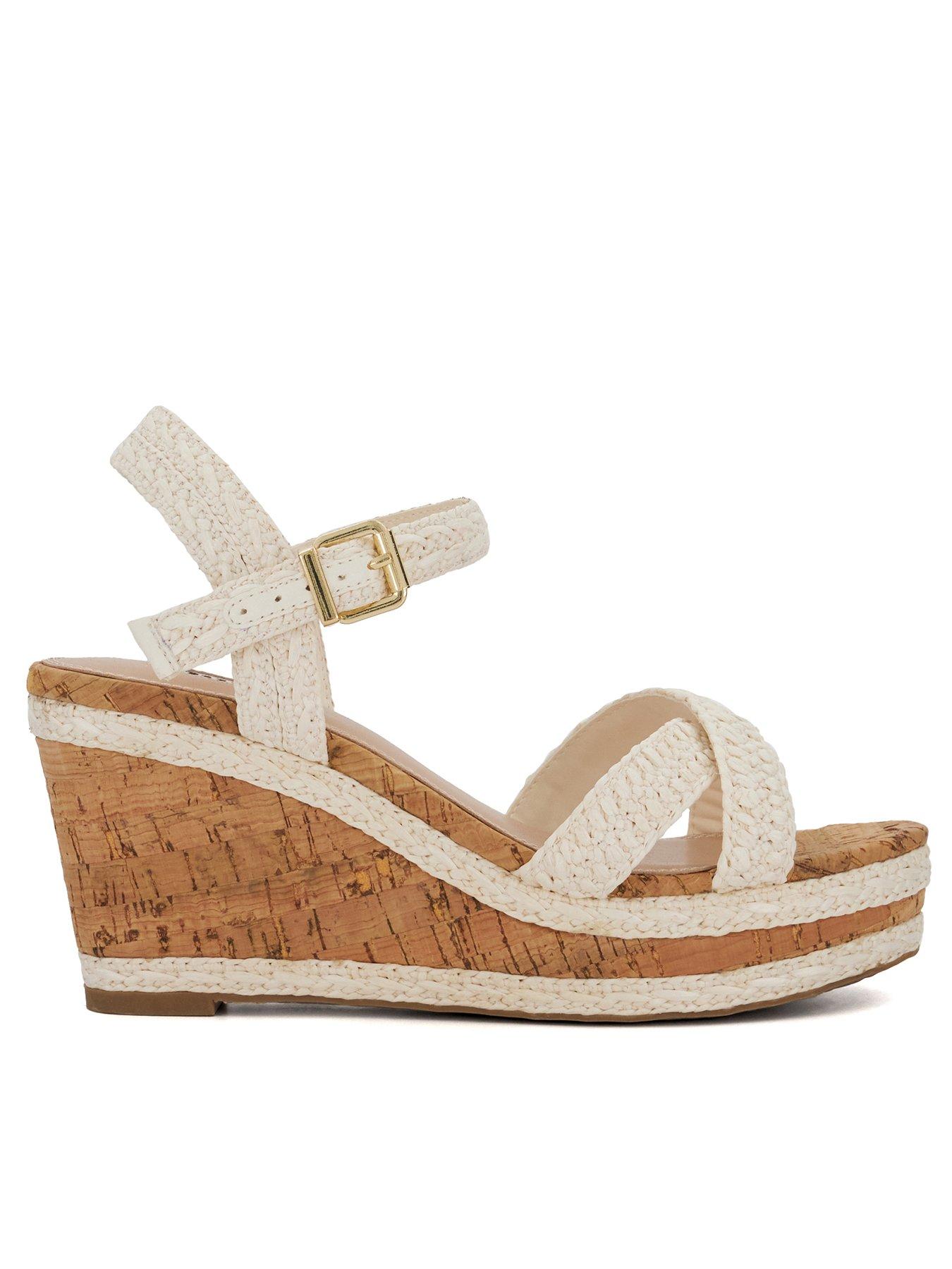 Image 1 of 6 of Dune London Kelisa Braided Cross Strap Cork Wedge Sandals - White
