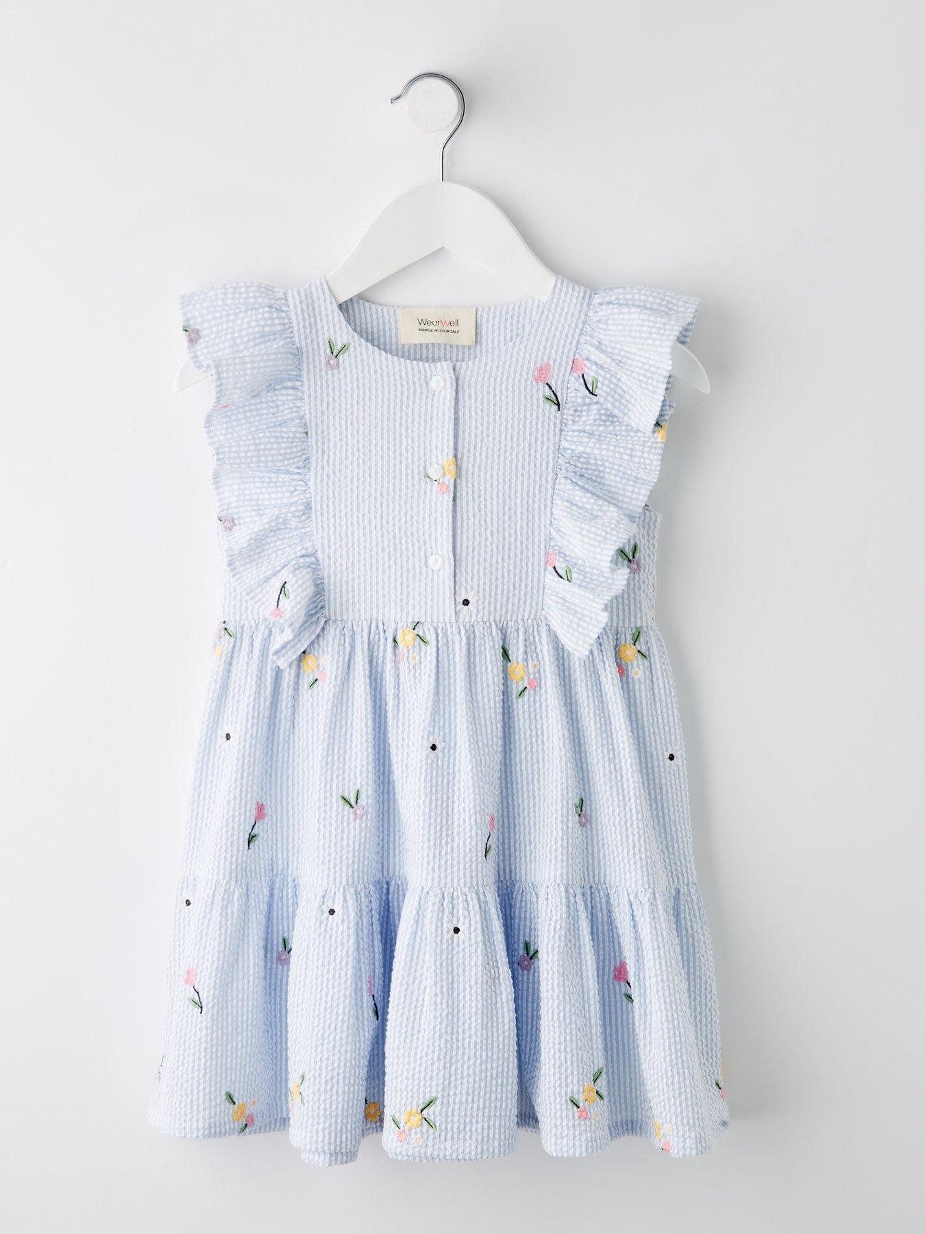 undefined Girls Blue And White Stripe Embroidered Dress With Frill Shoulders