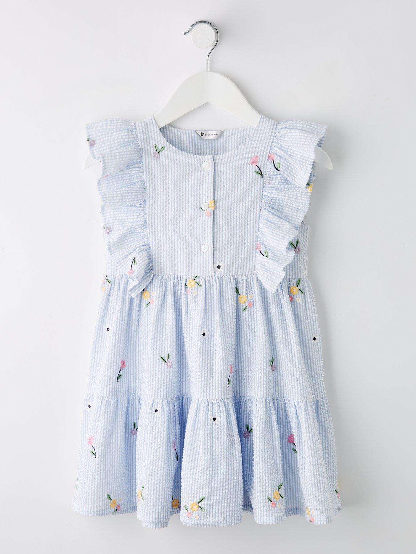Image 1 of 4 of Mini V by Very Girls And White Stripe Embroidered Dress With Frill Shoulders - Blue