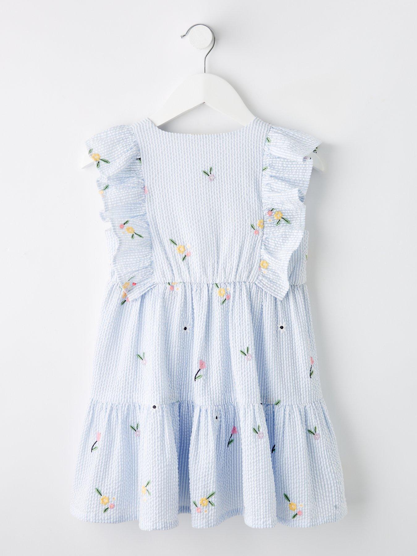 Image 2 of 4 of Mini V by Very Girls And White Stripe Embroidered Dress With Frill Shoulders - Blue