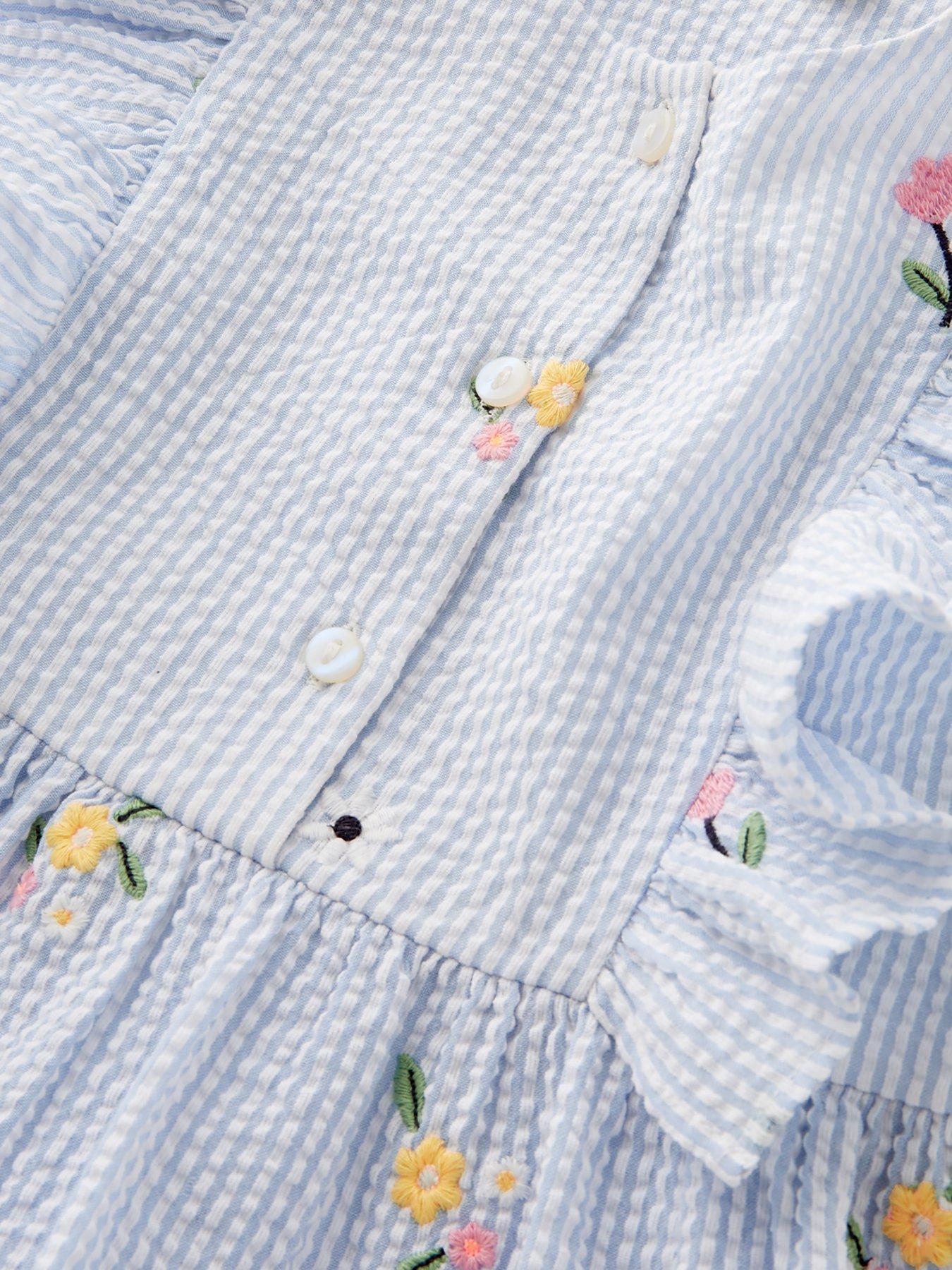 Image 3 of 4 of Mini V by Very Girls And White Stripe Embroidered Dress With Frill Shoulders - Blue
