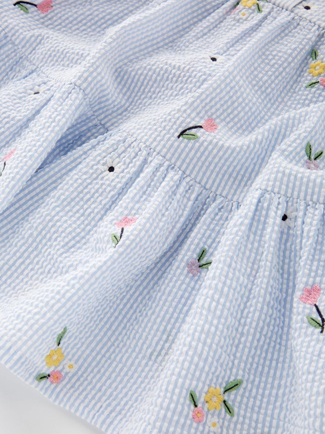 Image 4 of 4 of Mini V by Very Girls And White Stripe Embroidered Dress With Frill Shoulders - Blue