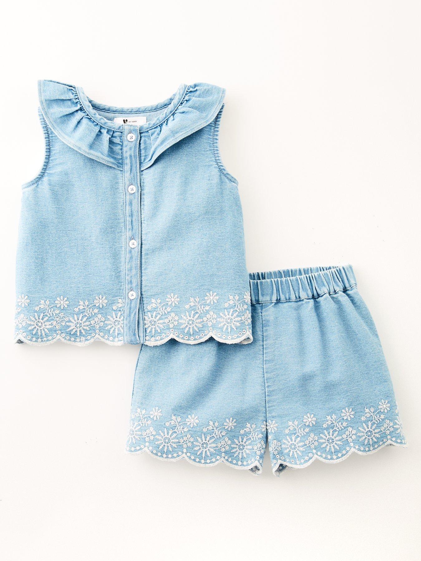 undefined Girls Denim Frill Collar And Short Scallop Edge Set