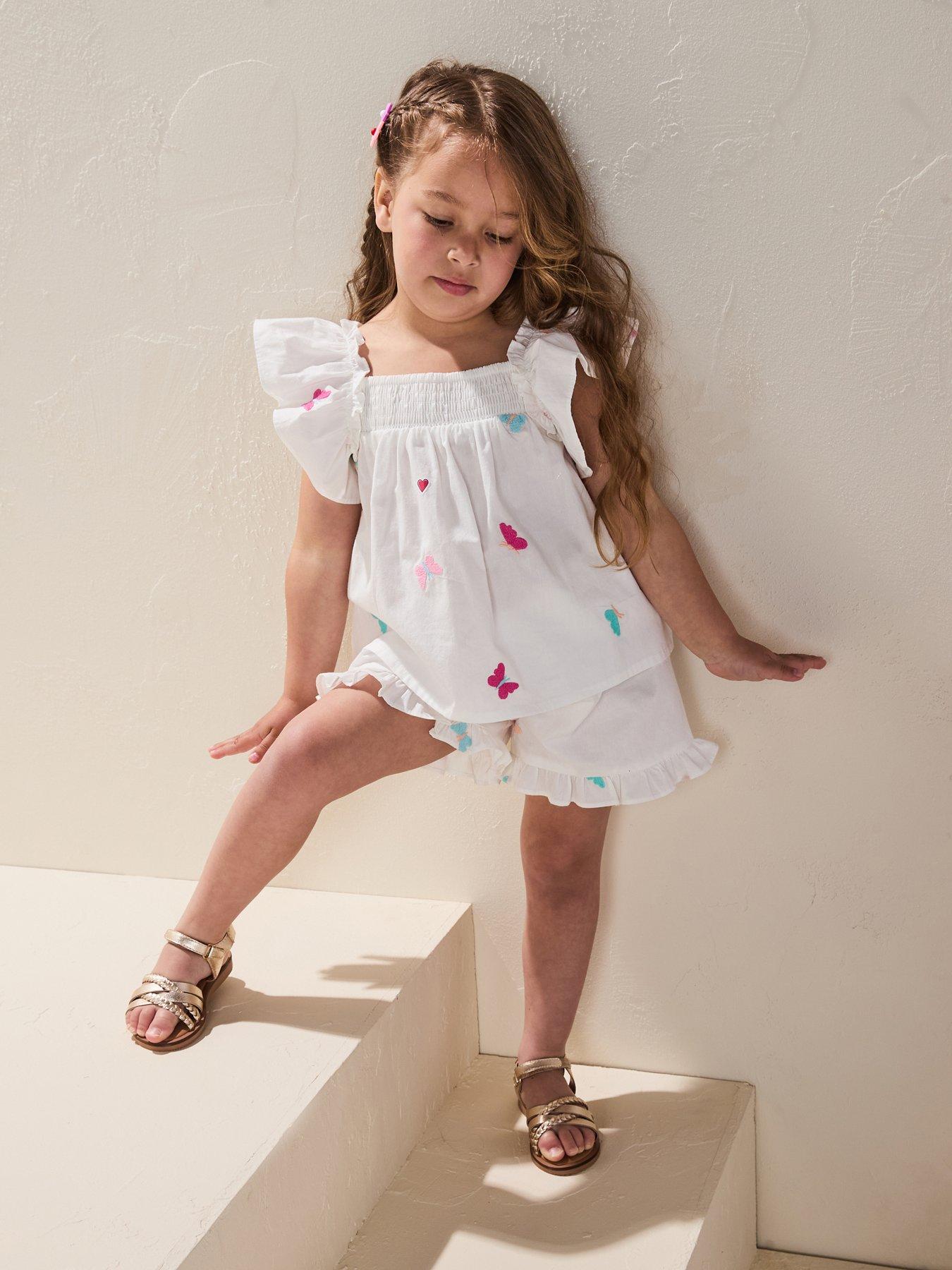 undefined Girls Butterfly Embroidered Frill Sleeve Top And Shorts Set - Multi