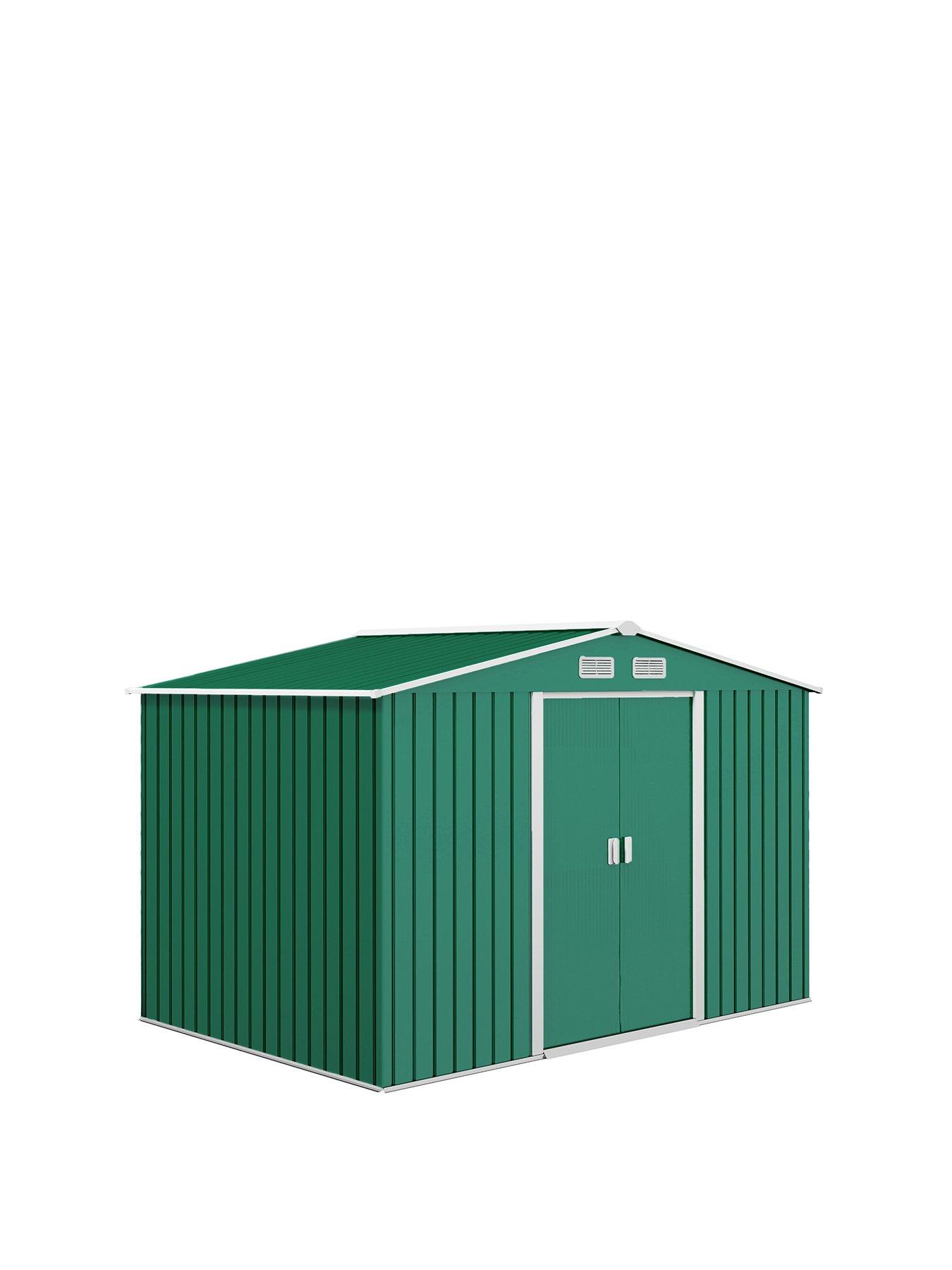 OutSunny 9 x 6ft Garden Shed Storage with Sliding Doors, Metal Tool House, Green