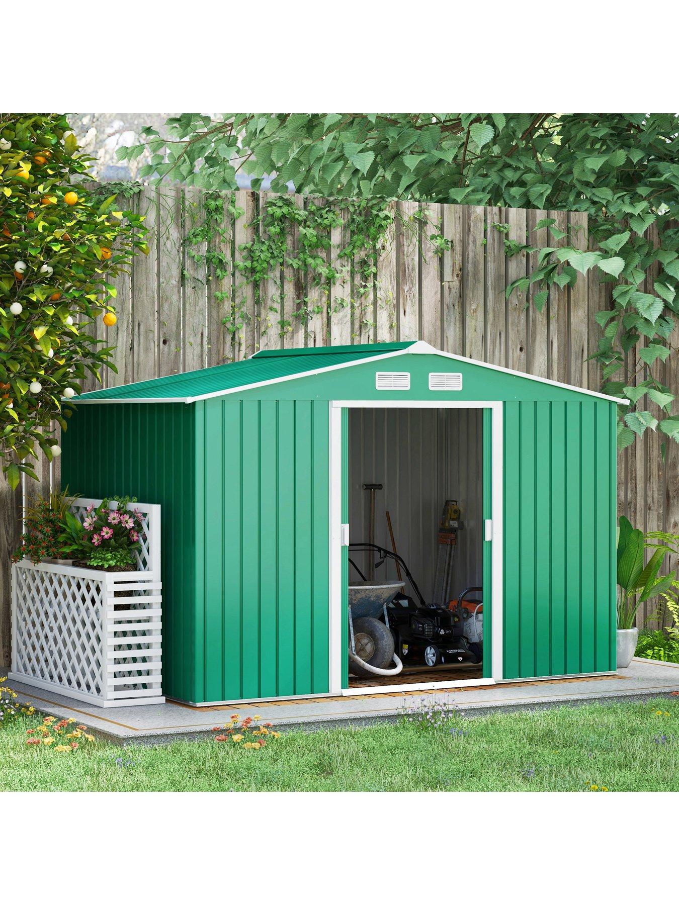 Image 2 of 6 of OutSunny 9 x 6ft Garden Shed Storage with Sliding Doors, Metal Tool House, Green