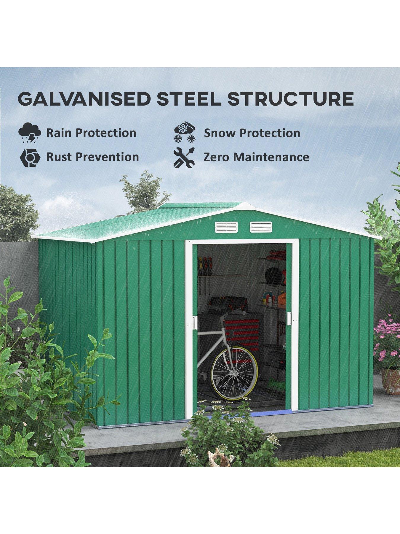 Image 3 of 6 of OutSunny 9 x 6ft Garden Shed Storage with Sliding Doors, Metal Tool House, Green
