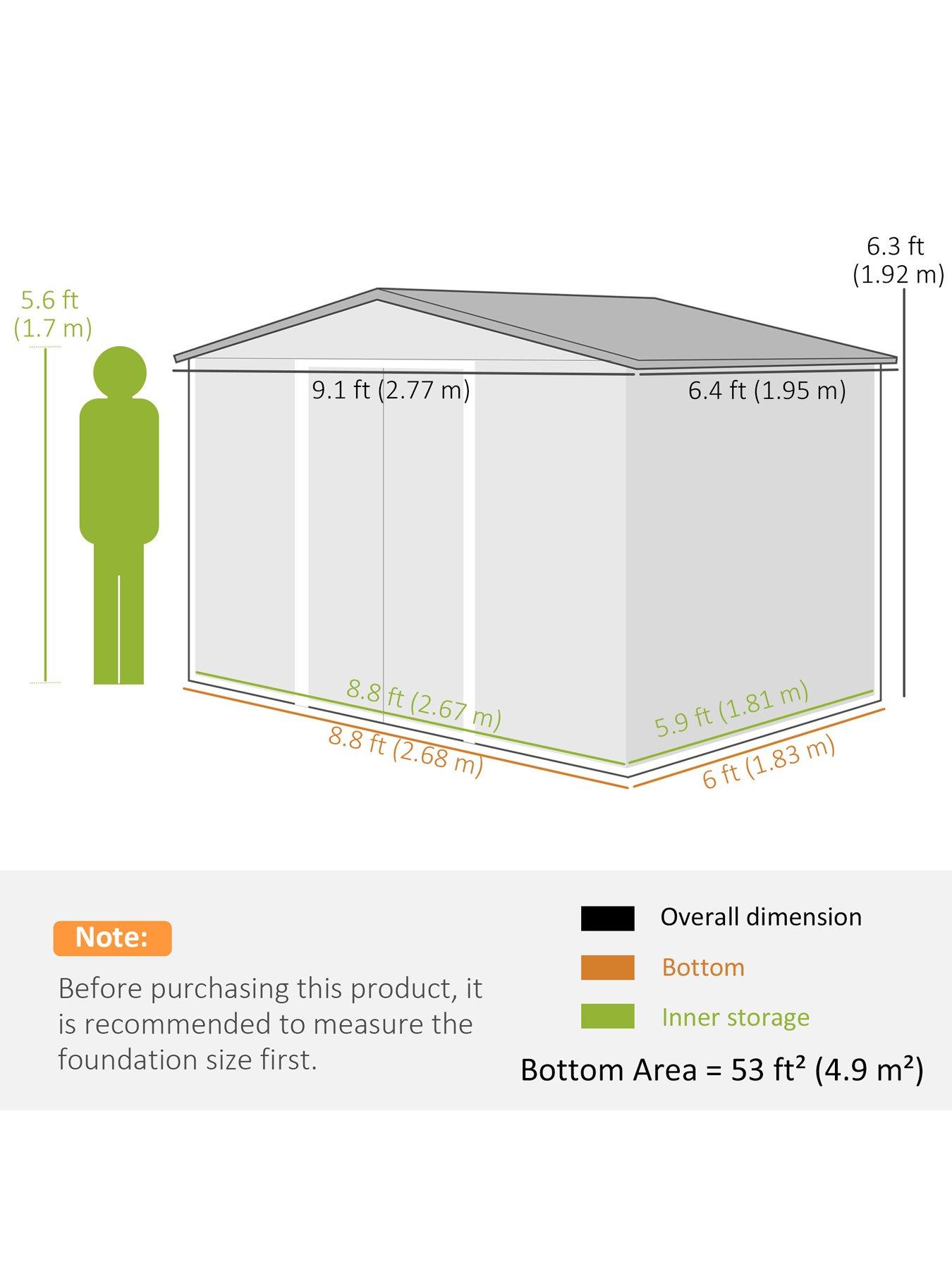 Image 4 of 6 of OutSunny 9 x 6ft Garden Shed Storage with Sliding Doors, Metal Tool House, Green