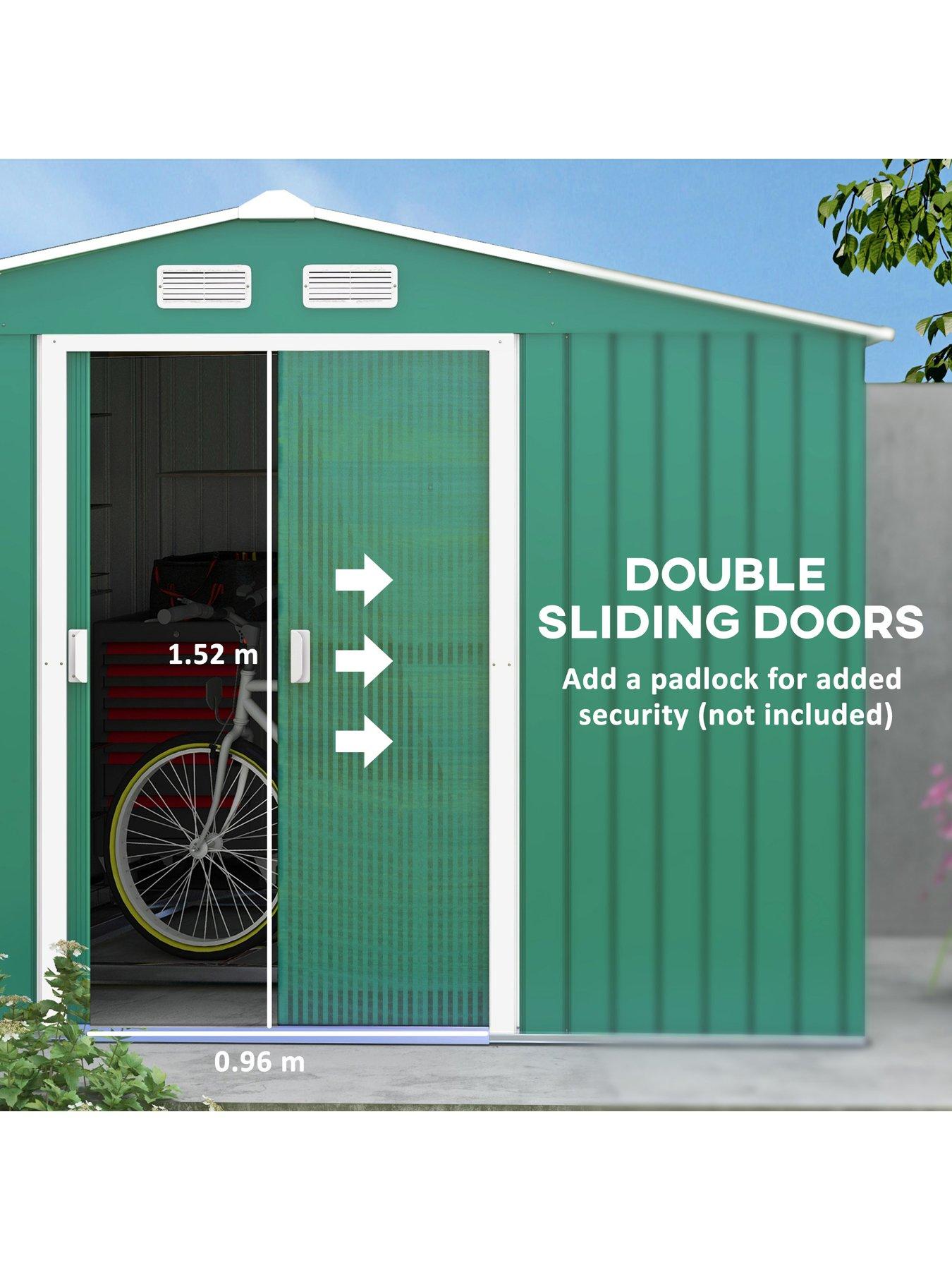 Image 5 of 6 of OutSunny 9 x 6ft Garden Shed Storage with Sliding Doors, Metal Tool House, Green