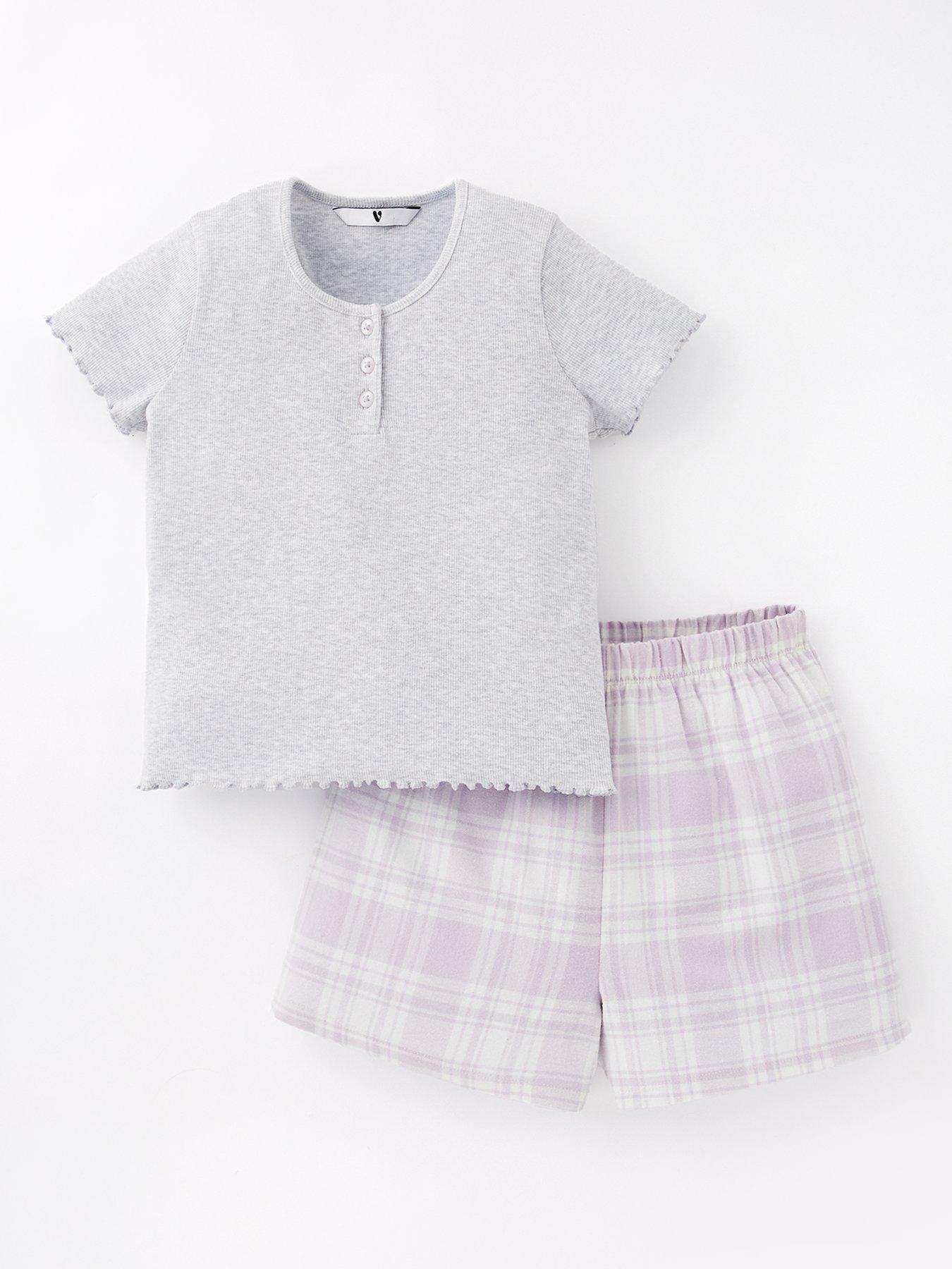 undefined Girls Check Short and Henley Short Sleeve Top PJ - Grey