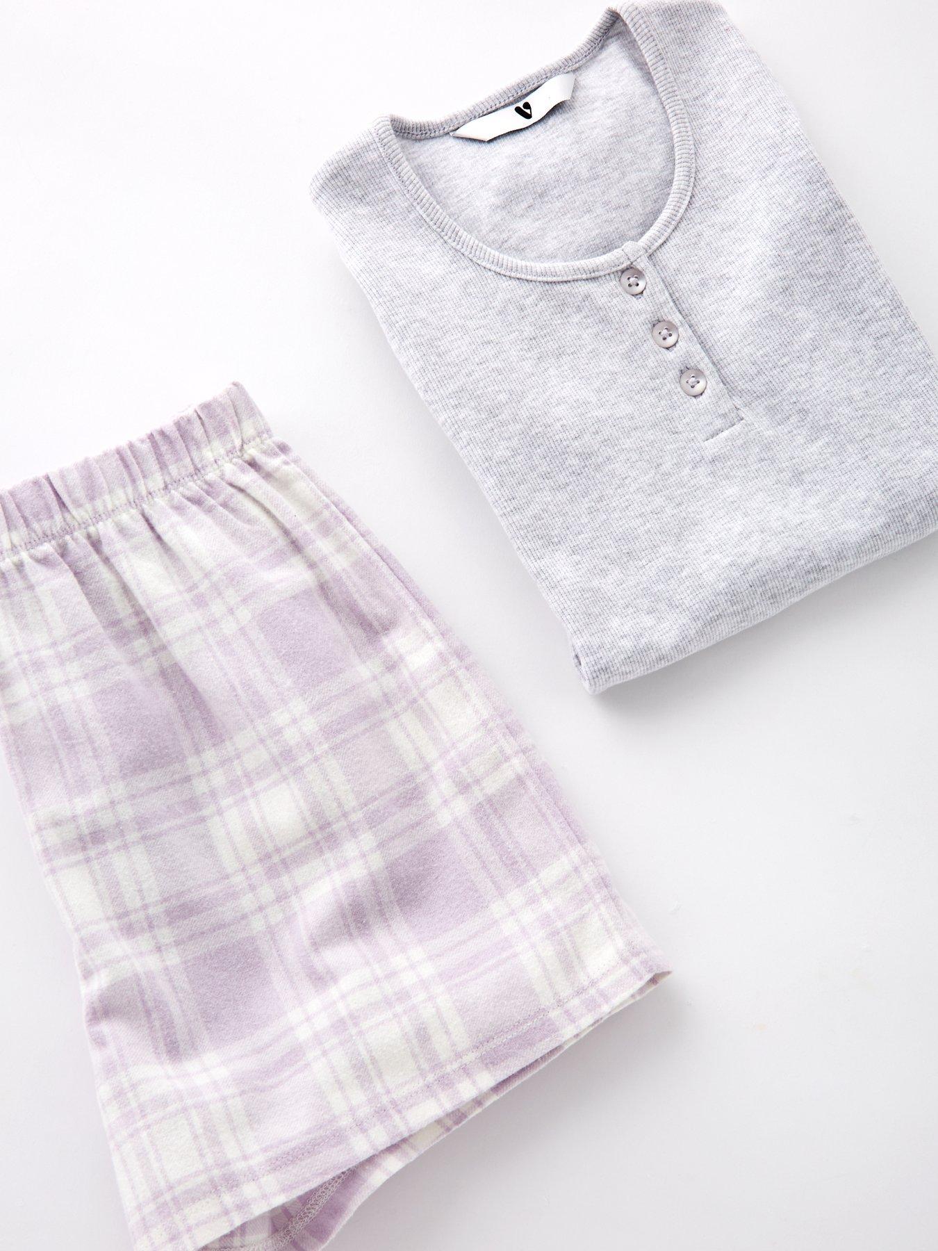 Image 4 of 4 of V by Very Girls Check Short and Henley Short Sleeve Top PJ - Grey