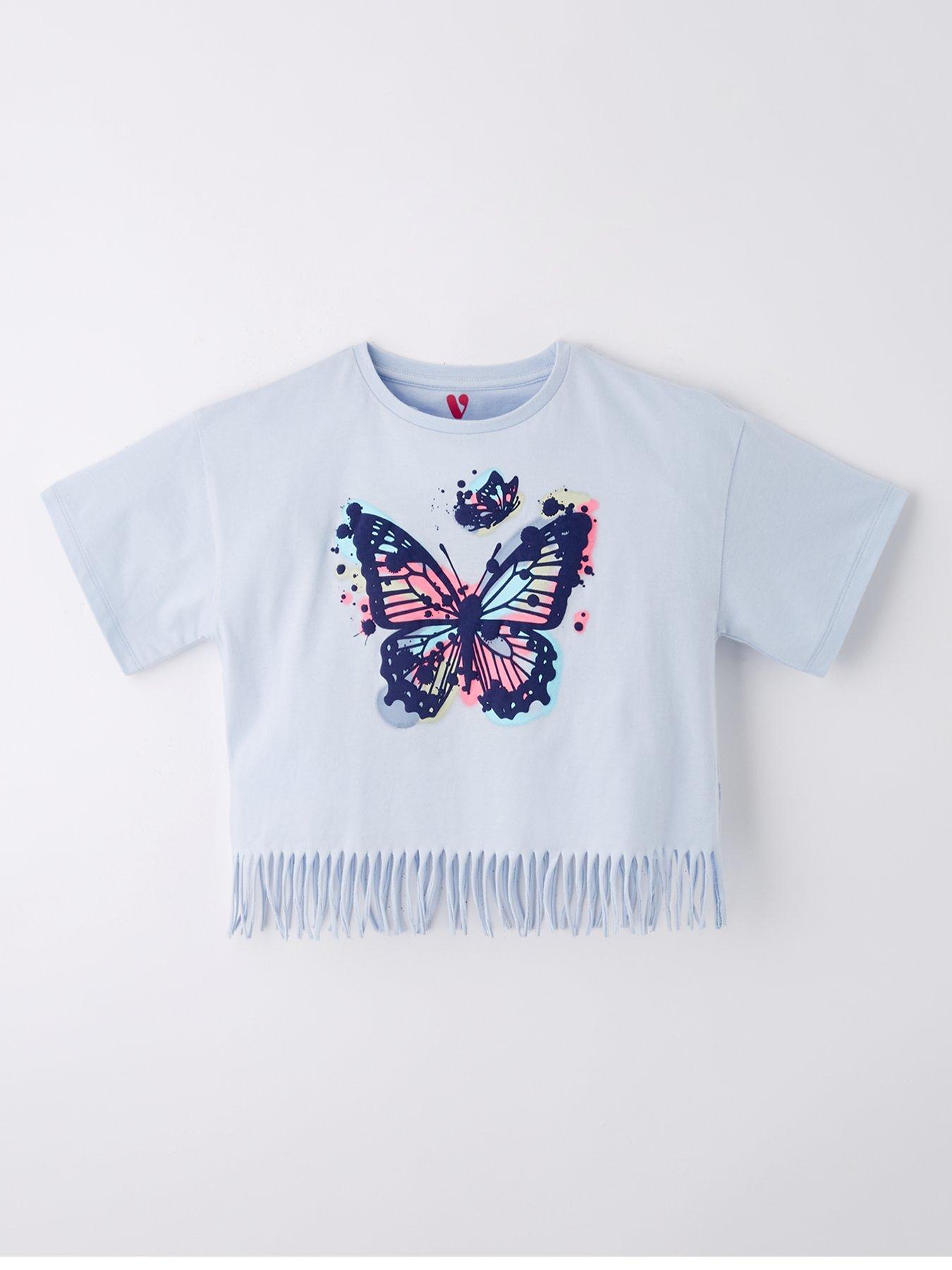 undefined Girls Fringed Butterfly Graphic T-Shirt - White