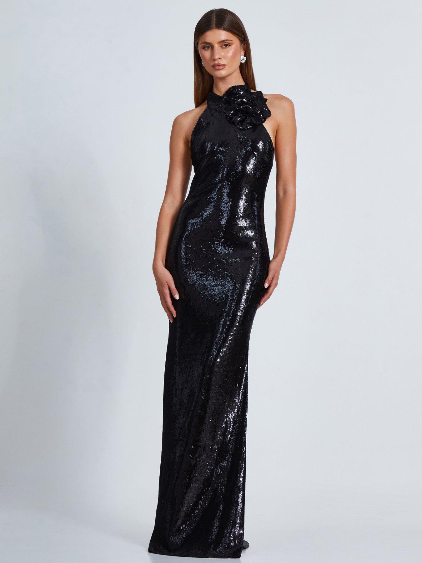 Black Corsage High Neck Sequin Maxi Dress