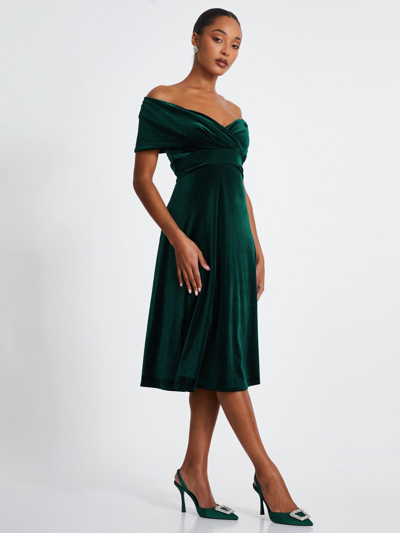 Quiz Bottle Green Velvet Bardot Midi Dress | Very