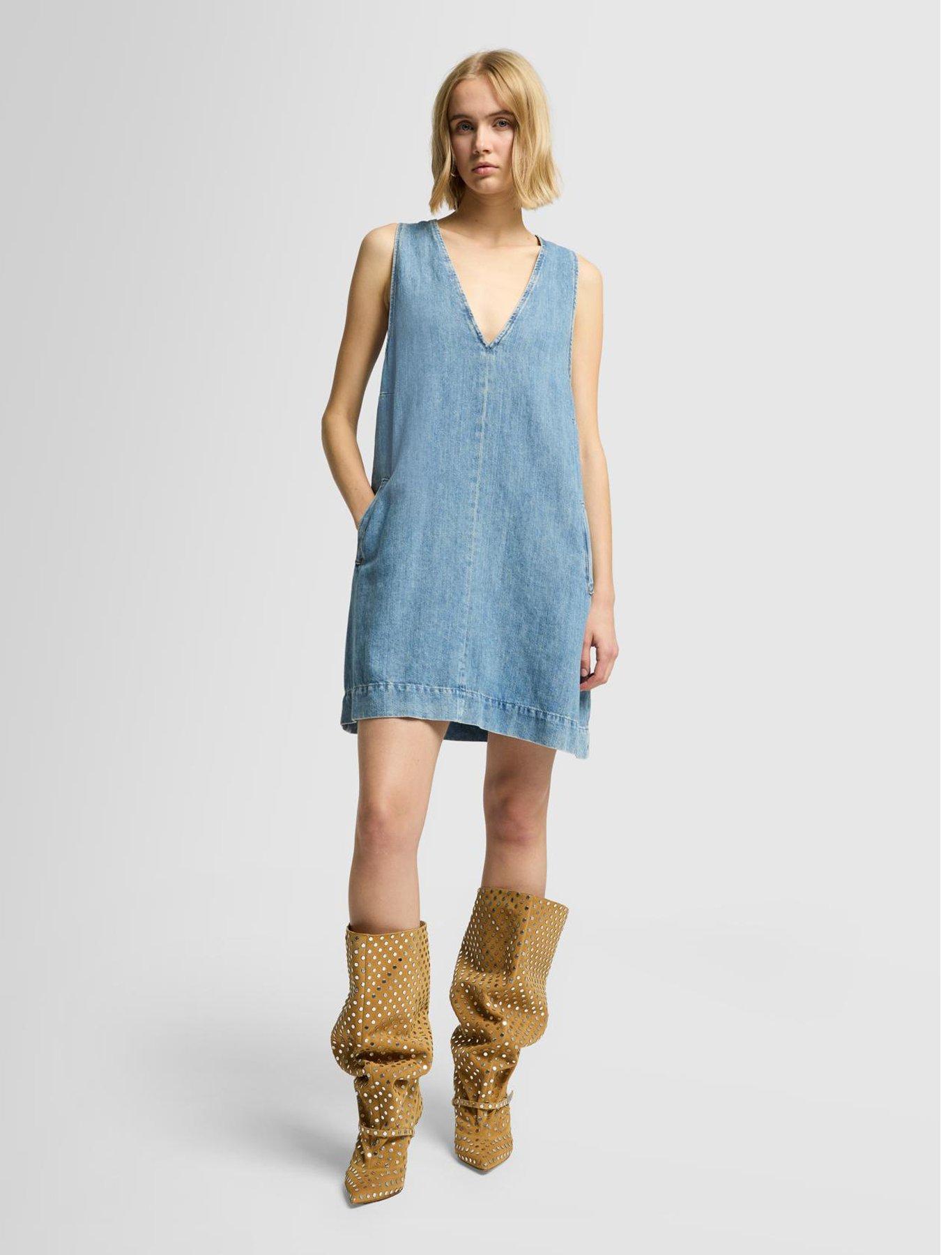 7 FOR ALL MANKIND V Neck Denim Mini Dress - Light Blue